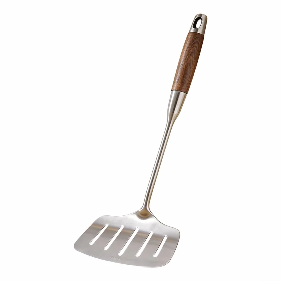 Juego de utensilios de cocina de acero inoxidable 316L, mango ergonómico de madera, espátula resistente al calor, cuchara ranurada para volteador para freír, freír, pescado