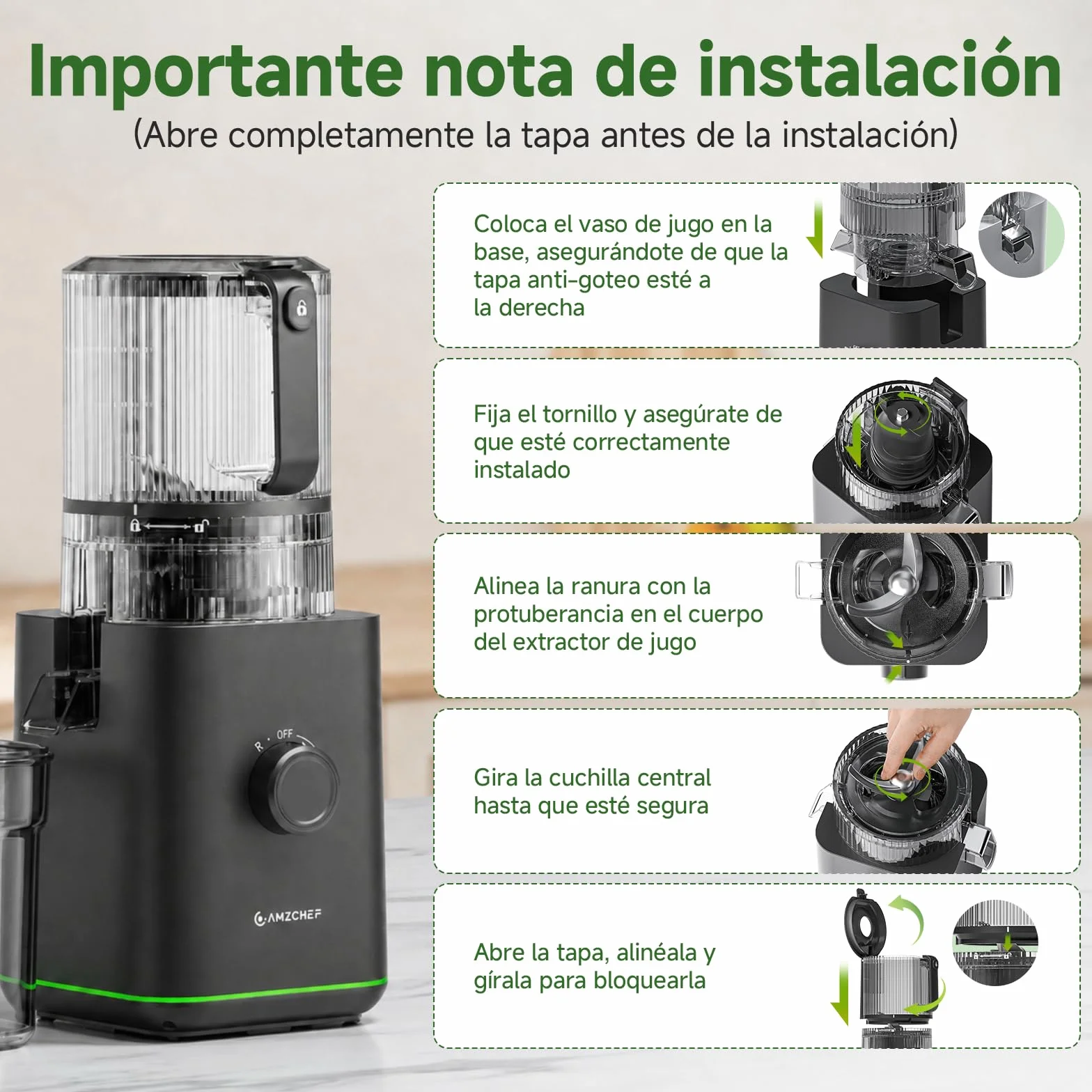 AMZCHEF Extractor de Zumos Prensado en Frío 600W, Licuadora con Boca XL 160 mm, Slow Juicer 2,5 L para Frutas y Verduras Enteras, 2 Filtros (Zumo, Leche Vegetal, Sorbete), Fácil de Limpiar, Negro Mate