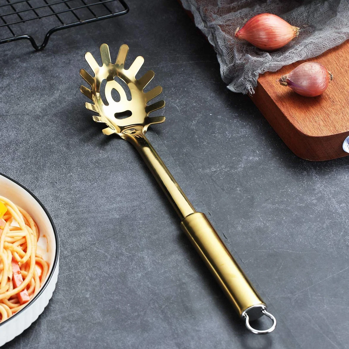 Berglander Tenedor para pasta, Servidor de pasta dorado de acero inoxidable, Cuchara para espagueti, Servidor para espagueti dorado con revestimiento de titanio, Tenedor Noddle (Dorado)