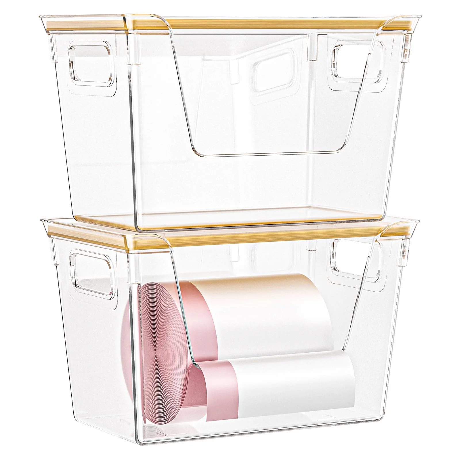 Paquete de 2 soportes apilables para bolsas de basura con parte superior de bambú, dispensador de bolsas de basura grande, organización de lavandería, organizador de despensa de cocina para cebolla