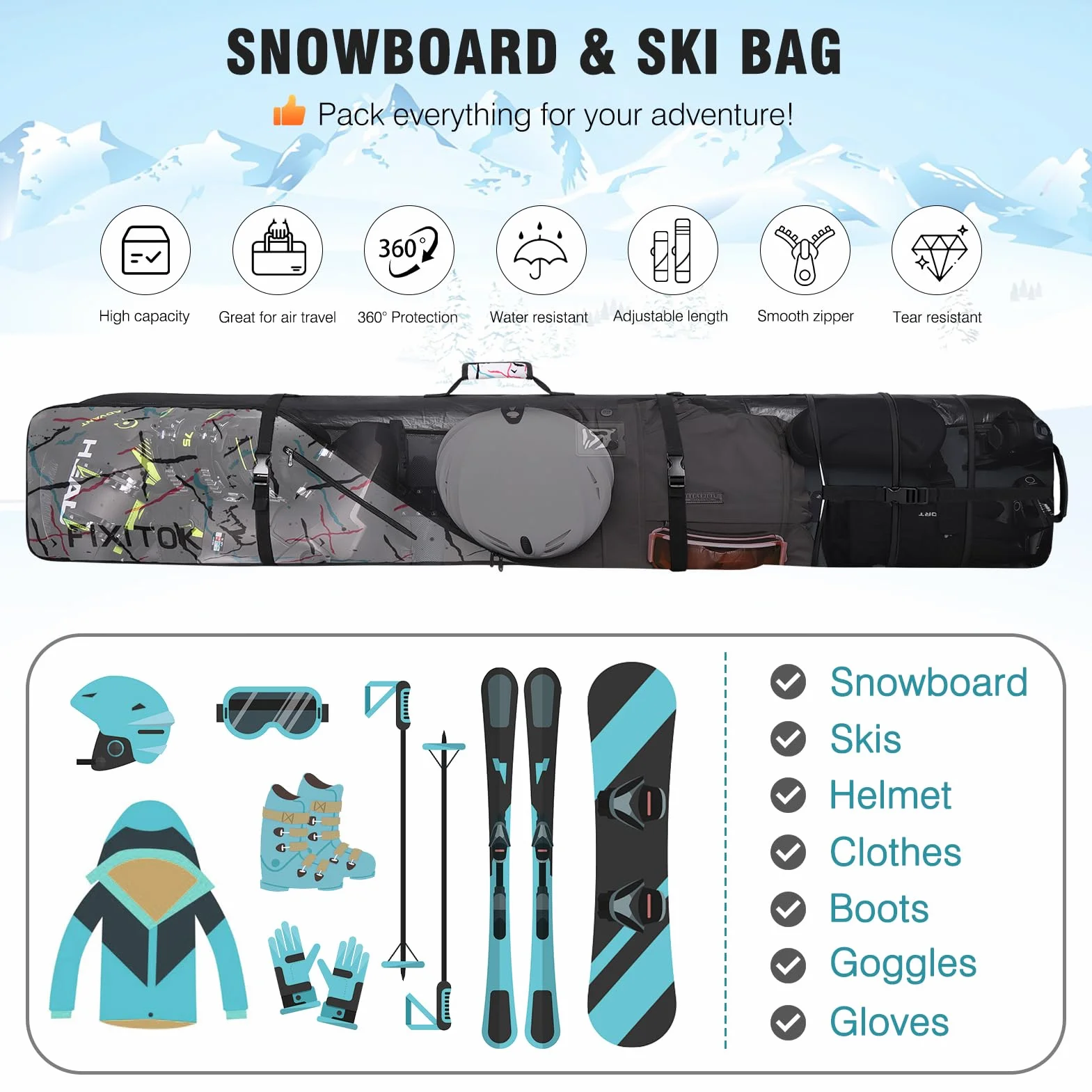 FIXITOK Bolsa de Snowboard y Esquí Impermeable Acolchada 157-181 cm