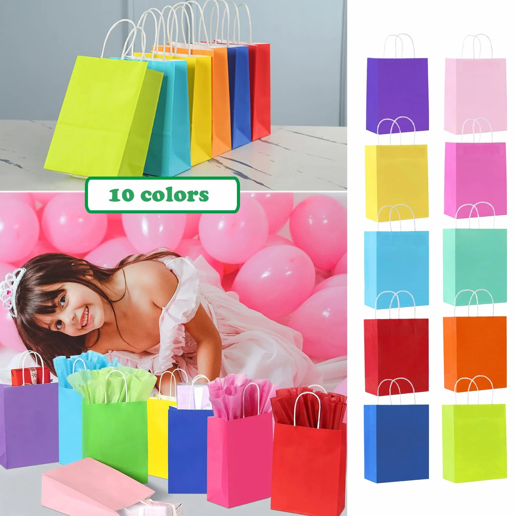 SHUBEIEUMI Paquete de 10 Bolsas de Regalo, Bolsas de Papel Kraft con Asas, 21 x 15 x 8 cm, Reutilizables Bolsas de Regalo para Embalaje Fiestas de Cumpleaños Bodas-Colorido