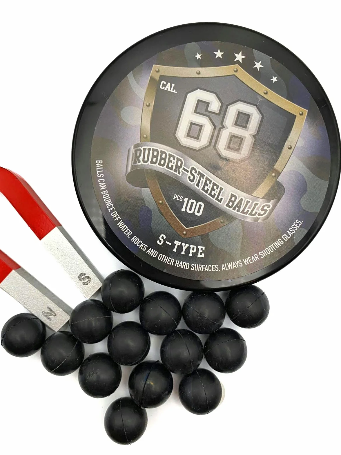 S-Type 68 Caliber 100x Bolas Acero Gomma Maciza Paintball Rubber Steel Balls for HDS HDR T4E