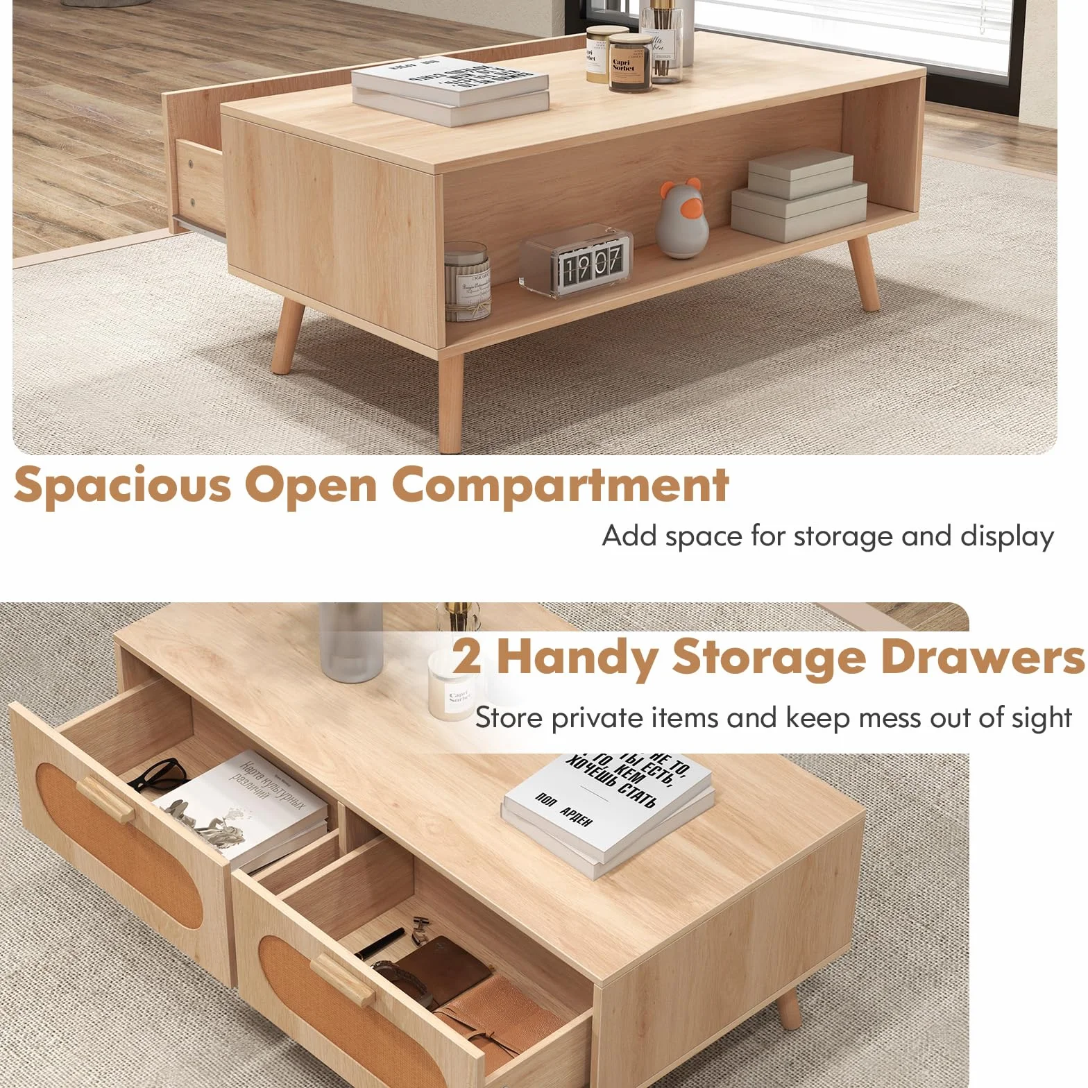 LIFEZEAL Mesa de Centro con 2 cajones y 1 Compartimento Grande, Mesa de salón con 4 Patas de Madera Maciza, Capacidad de Carga 60 KG, 100 x 50 x 41 CM, Natural, Estilo rústico