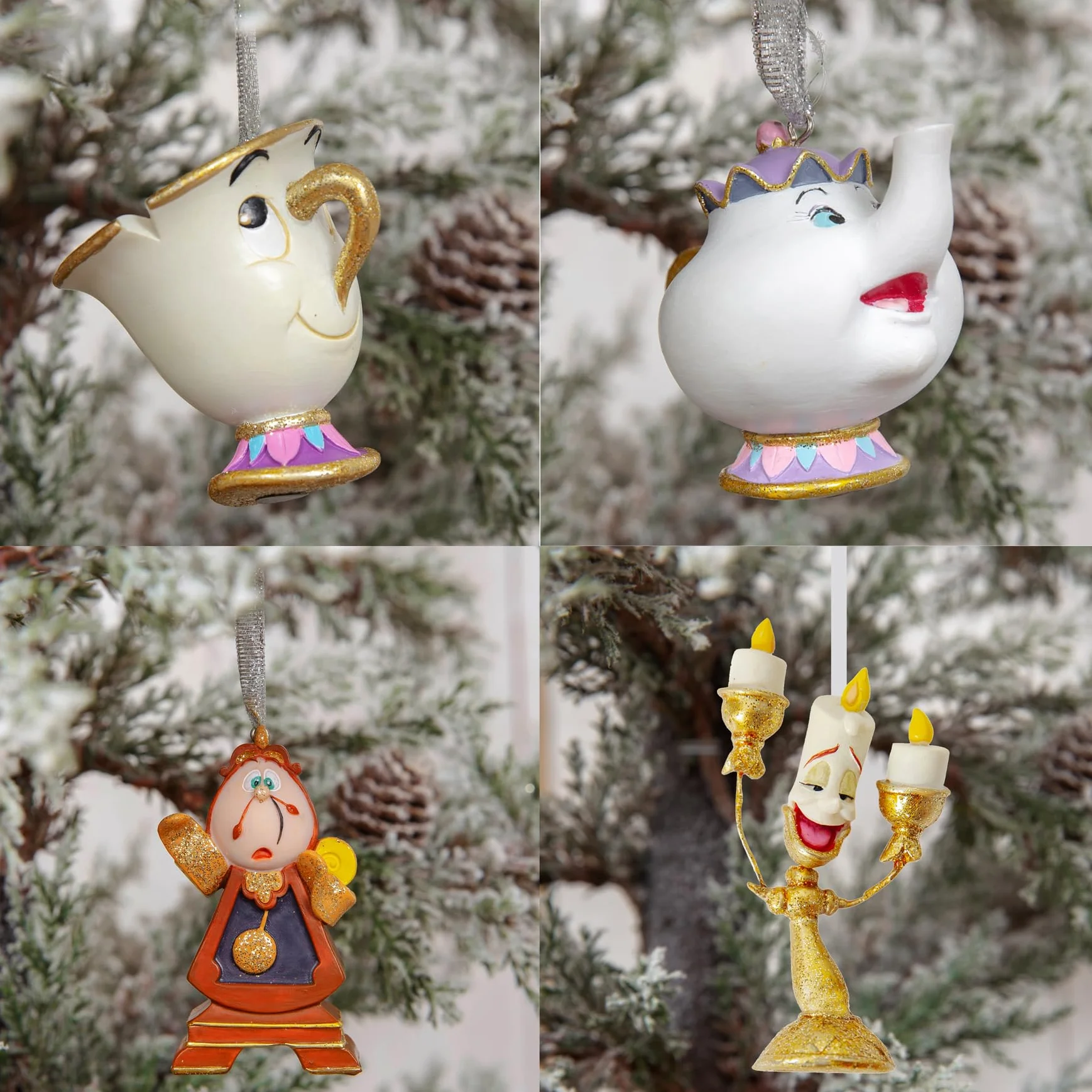 Disney – Juego de 4 adornos colgantes de resina de La Bella y la Bestia – Cogsworth, Chip, Lumiere & Mrs Potts – Adornos de árbol de Navidad con purpurina – Regalo con licencia y artículos para el