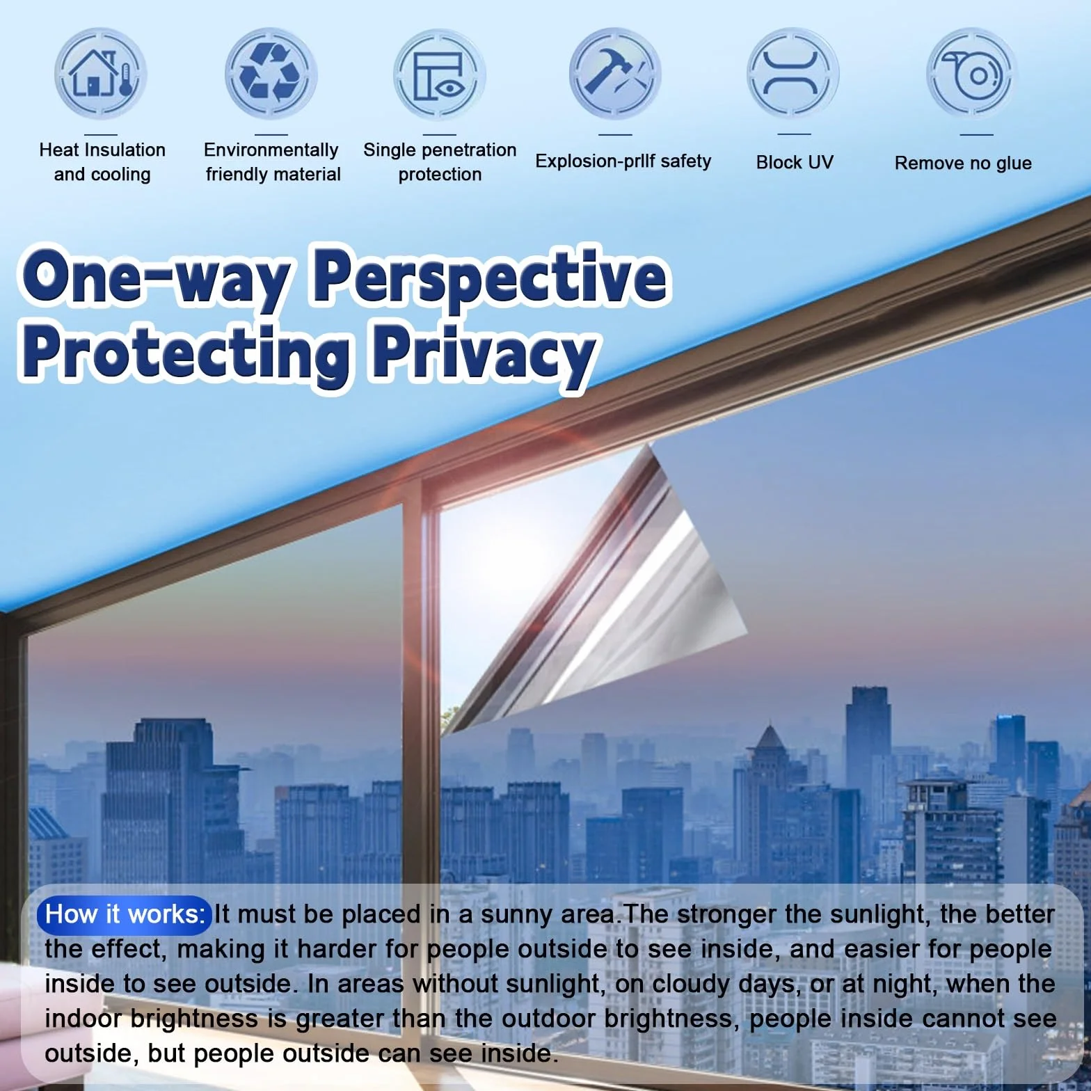 Vinilos para Ventanas 60 x 480 cm Cristal Unidireccional Protector de Privacidad Anti 99% UV y Anti 92% IR Película Opaca para Cristal para Hogar Oficina, Plata