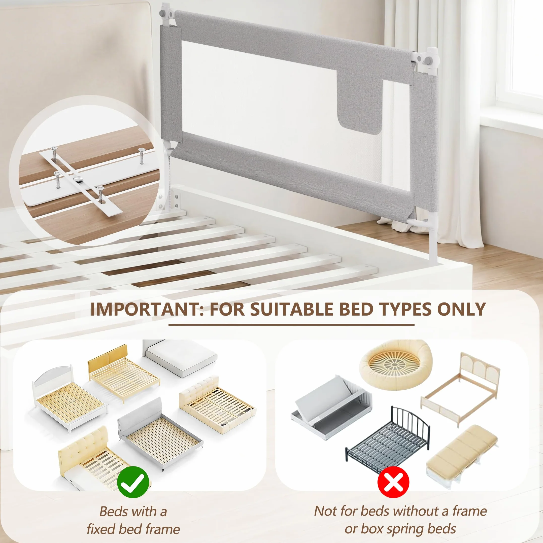 Barandilla de Cama para Bebés, Barrera de Cama para Niños Colchón Doble, Tamaño Completo Queen y King, Gris, 190cm, 1 Lado