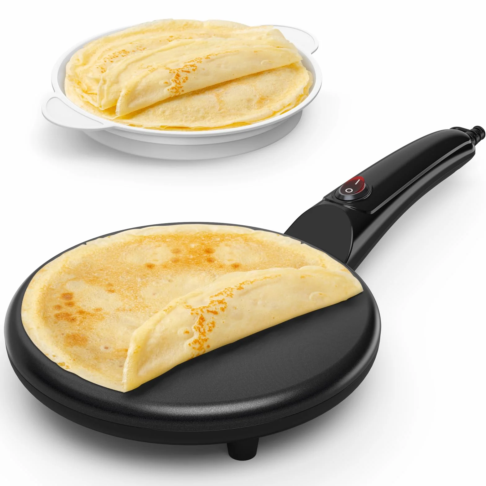 SNAILAR Crepera, 800W Crepera Electrica con Mango, Revestimiento Antiadherente, Superficie Calentada de 20 cm de Diámetro, Incluye Cuenco de Comida, Fácil de Manejar y de Limpiar