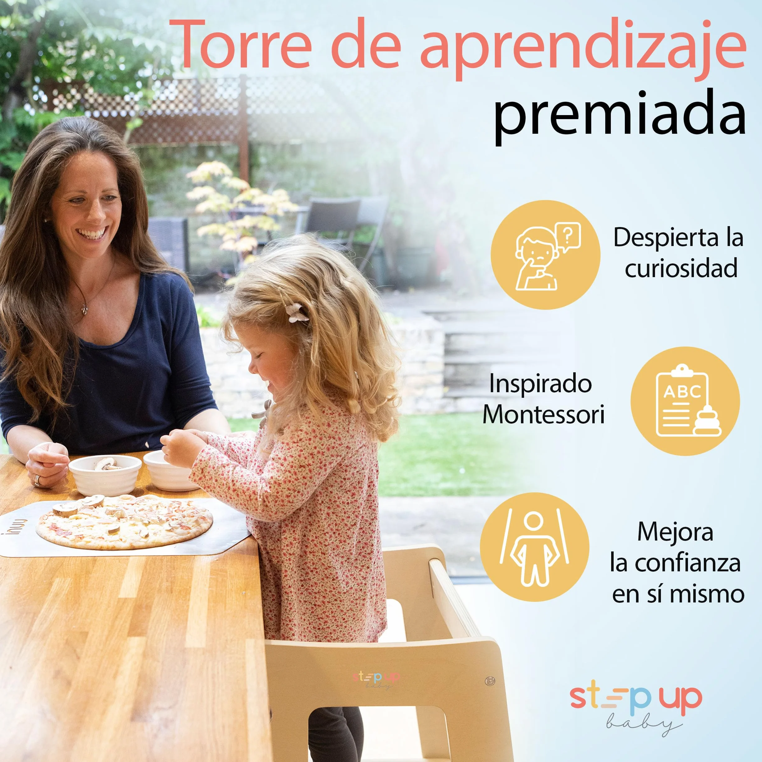 Stepup Baby Torre de Aprendizaje Montessori Taburete Infantil Madera Altura Ajustable Barra Seguridad para Niños 18 Meses a 5 Años
