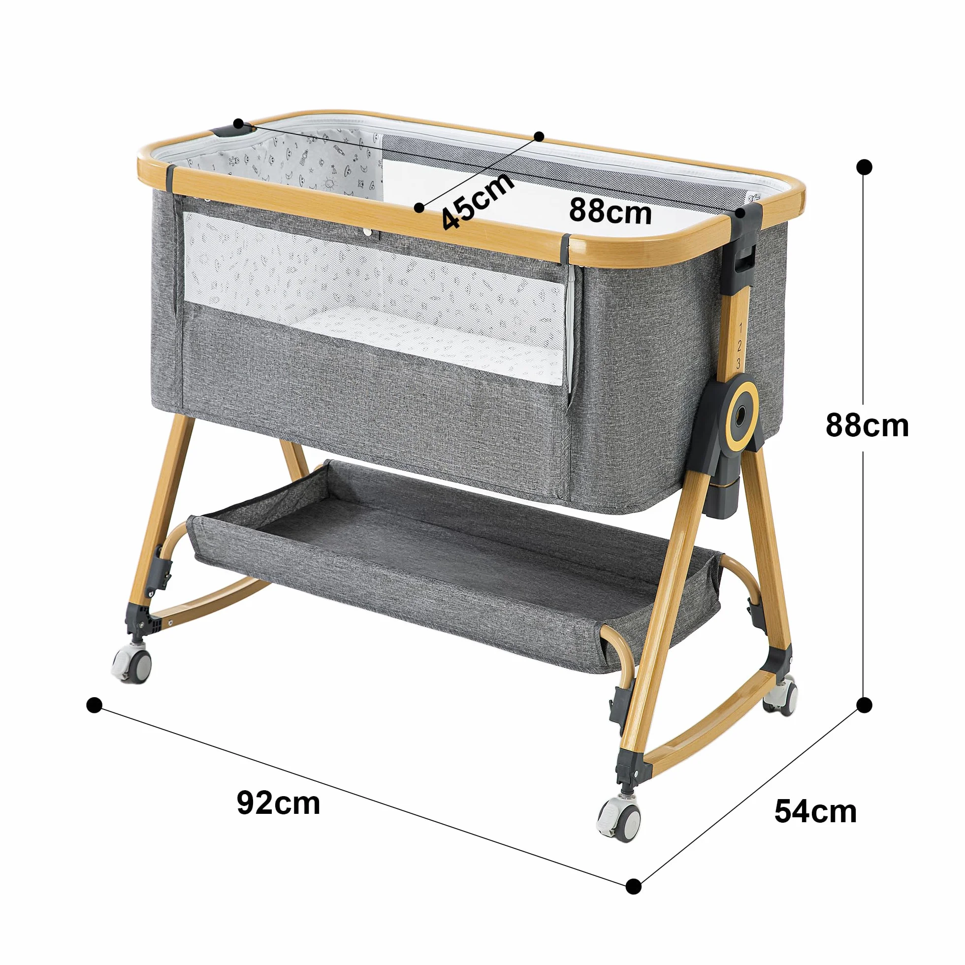 YAZOCO Cuna 3 en 1, Cuna de Colecho, Crib Mecedora, Ajuste de Altura, 4 Ruedas con Freno, Colchón Ergonómico Gris
