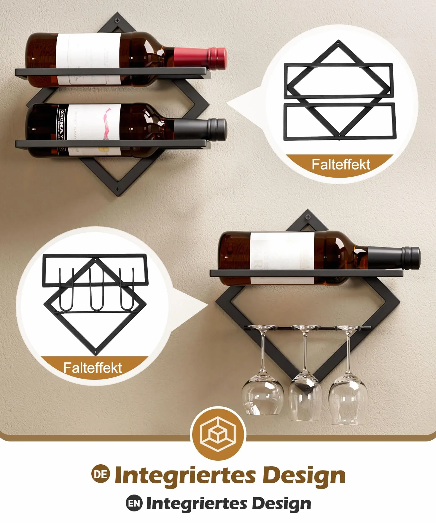 YORBAY Botellero de Pared Metálico con Portavasos: Botellero Vino Decorativo Moderno para 3 Botellas y hasta 6 Copas - Mueble Bar Ahorra Espacio para Salón Bar Cocina