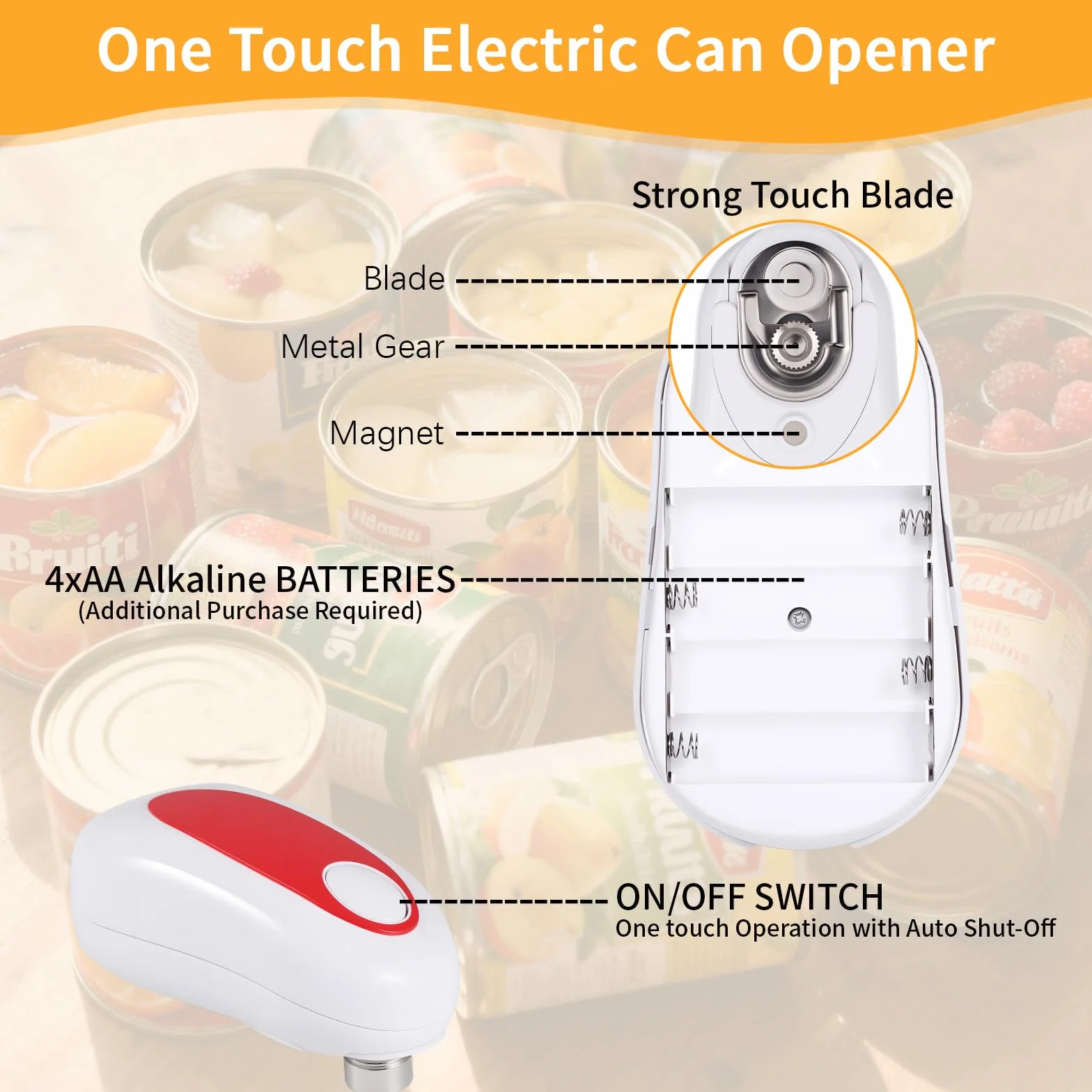 Abrelatas Eléctrico, Abrelatas Automático de un Solo Toque, Abridor de Latas Manos Libres, Tapa sin Bordes Afilados, Utensilios de Cocina para Mayores, Personas con Artritis y Chefs (Blanco)