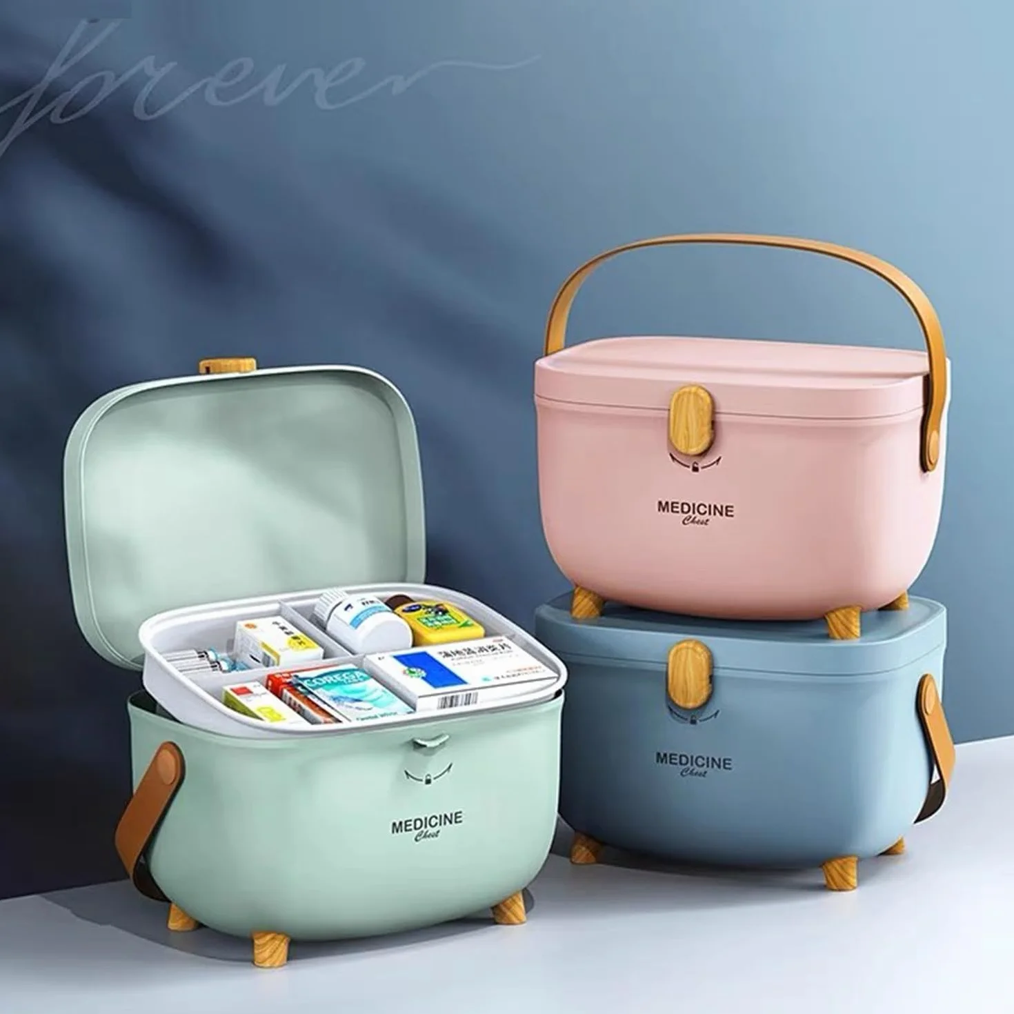 Caja para medicina, Caja organizadora para medicina 2 niveles, con mango, portátil Medicine box, para el hogar y el exterior (Verde cielo)