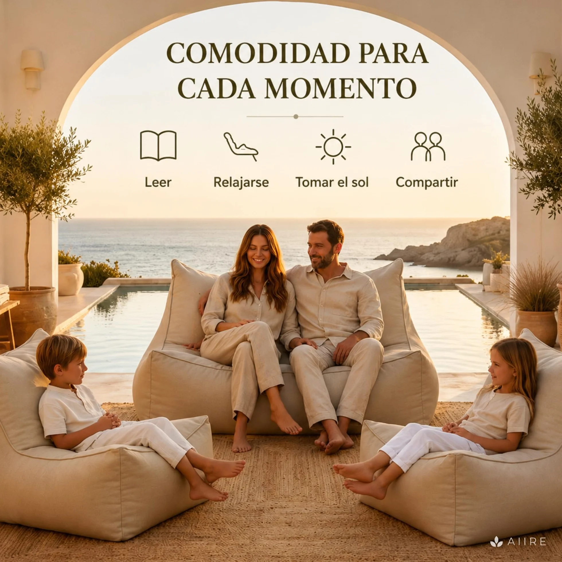 Aiire Puff Exterior Jardín Moderno - Sillón Puf con Relleno Incluido para Piscina, Terraza o Salón - Tejido Premium Resistente al Agua y Rayos UV - Bean Bag Chair de Lujo XXL Beige