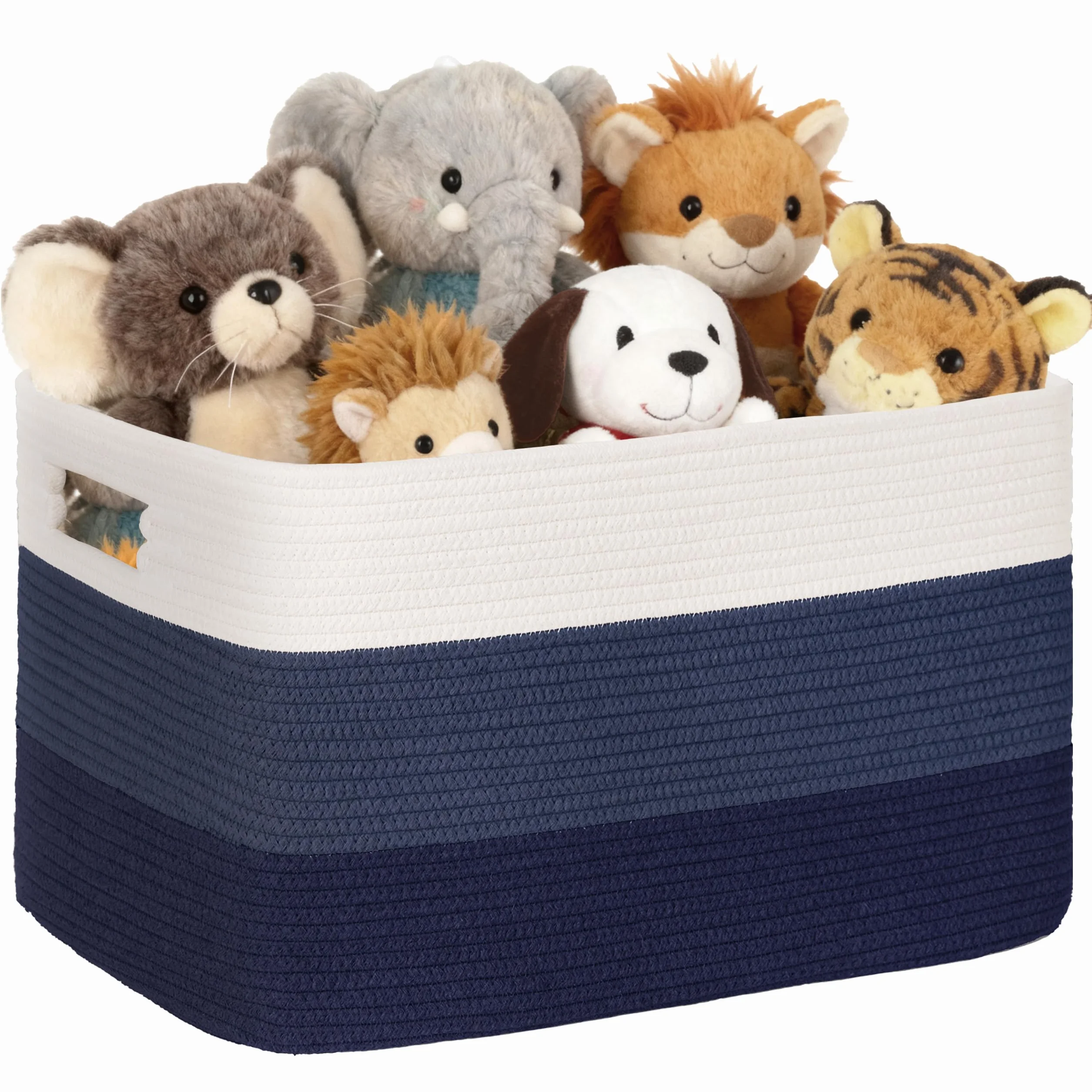 Gran organizador 60L en cuerda de algodón, cesto para juguetes, mantas, ropa, trenzado con asas, recogedor de ropa de tela para decoración de habitación infantil o salón, degradado azul
