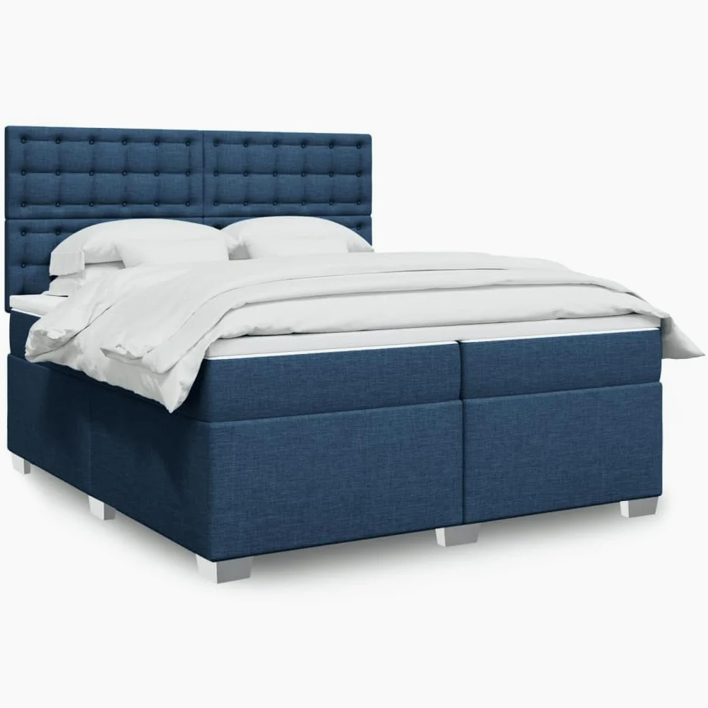 Cama con somier con colchón, azul, 200 x 200 cm, tela, cómoda cama tapizada con iluminación LED, cabecero regulable en altura y colchón de muelles ensacados para dormitorio