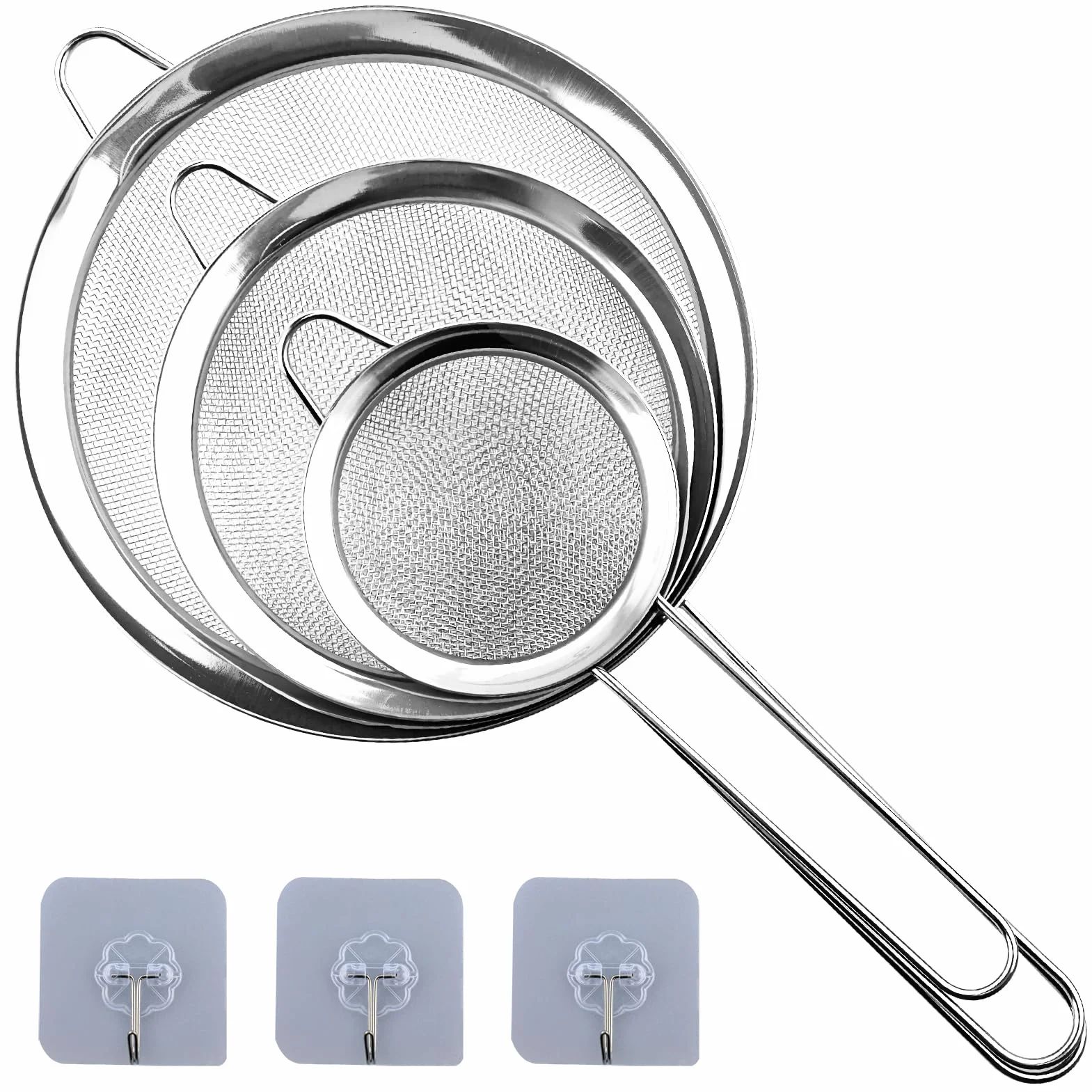 3 Piezas Coladores de Cocina Acero Inoxidable, Colador de Malla Fina con Manija, Tamiz de Harina para Alimentos, Vegetales, Harina y Pasta (8/12/16 cm)