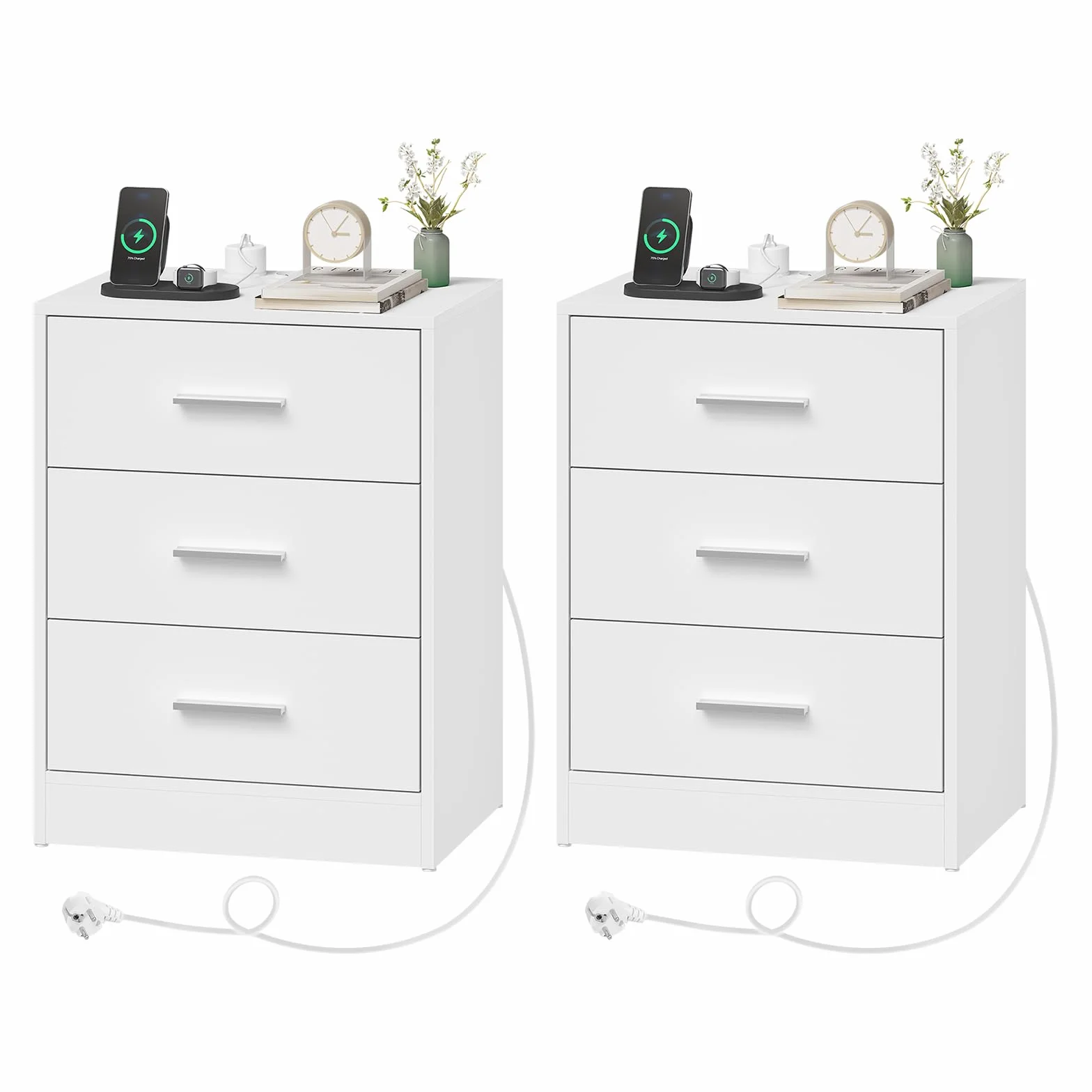 WOLTU Mesitas de Noche, Mesas de Centro con Enchufes, Mesitas de 3 Cajones, Mesillas de Noche para Dormitorio, Salón y Estudio, Blanca, MDF, 39x28,5x54,5 cm