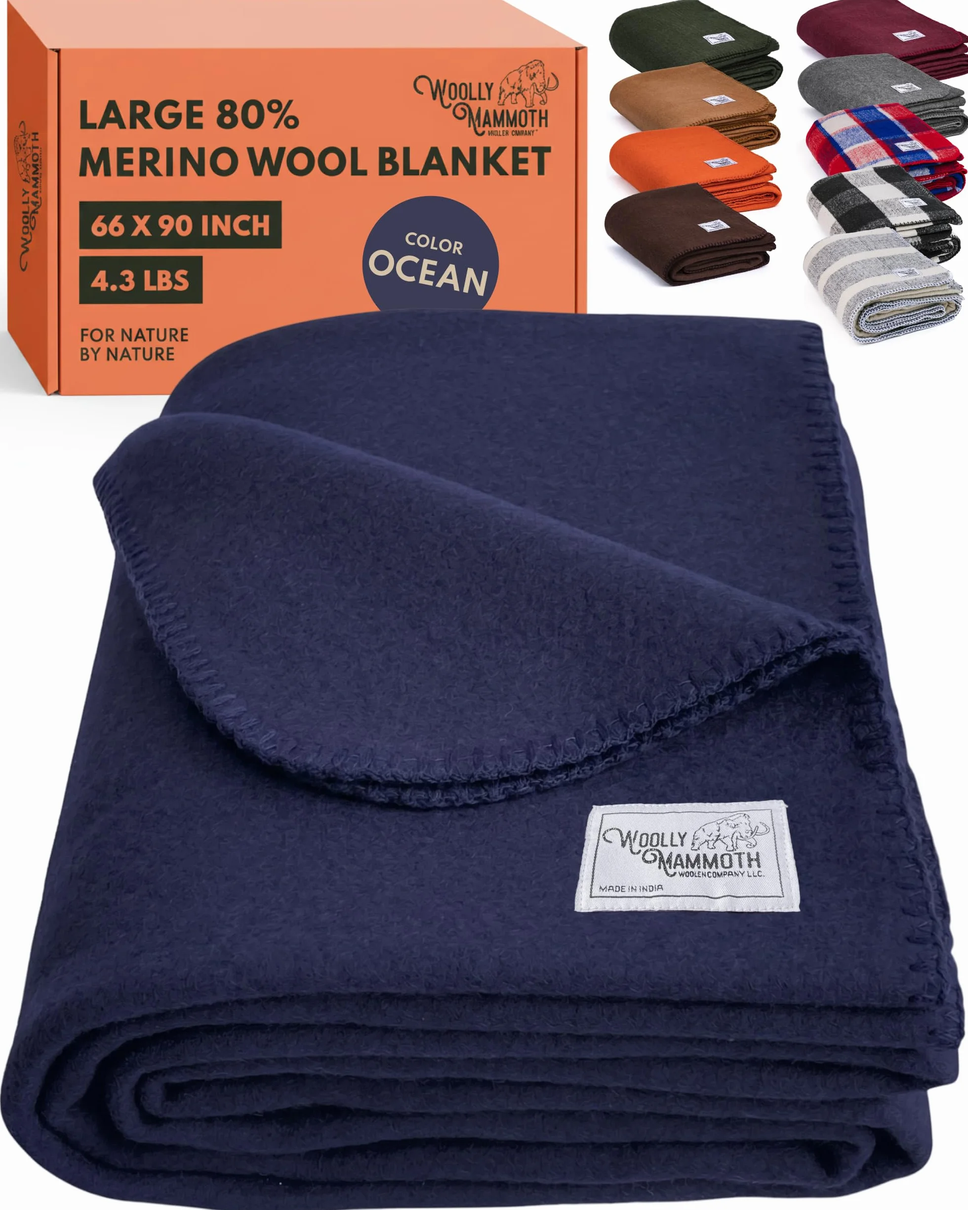 Woolly Mammoth Woolen Company Explorador Colección de Lana Manta 66" x 90" Azul Marino