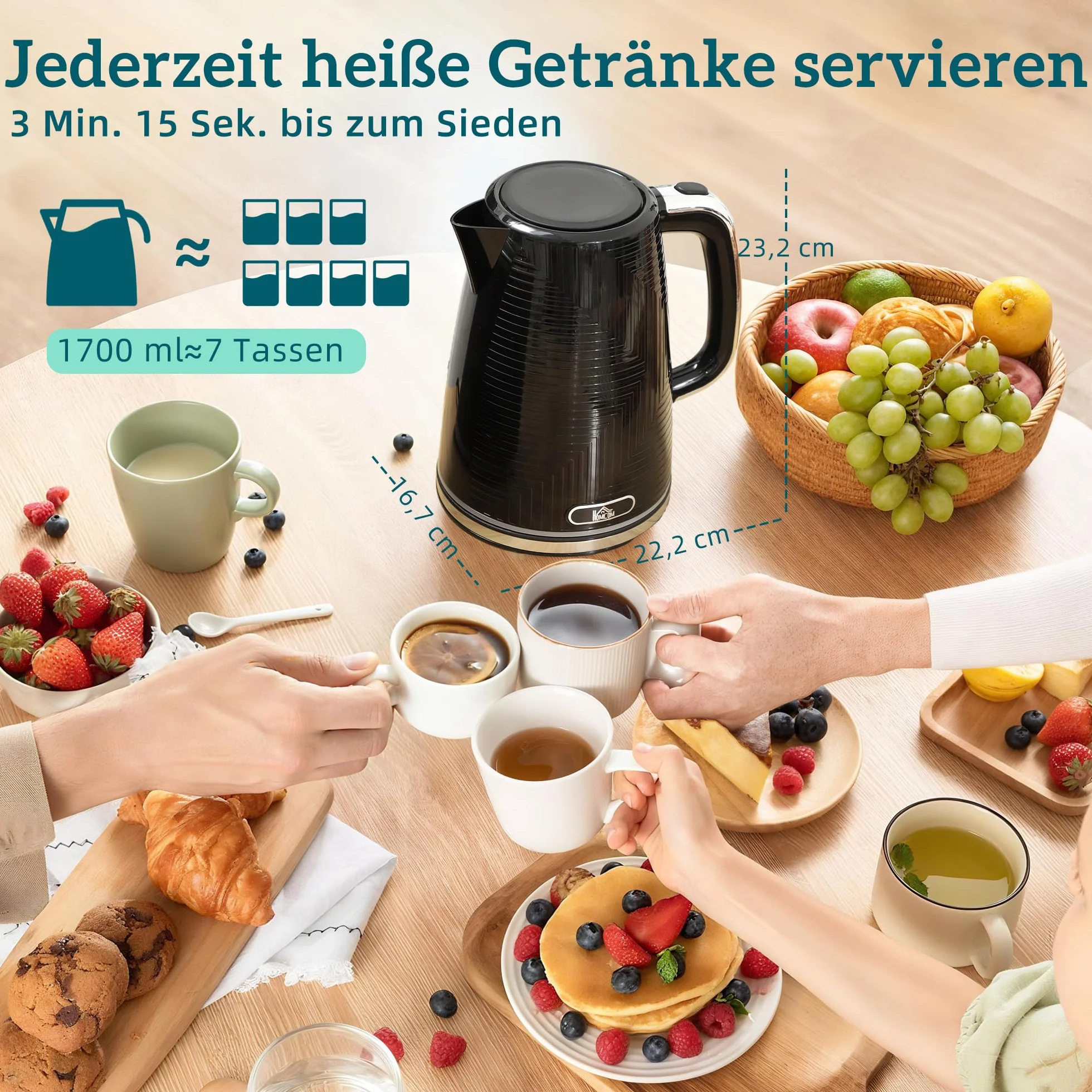 HOMCOM Set Tostador Hervidor Acero Inoxidable 1.7L Tostador 2 Discos 2200W Set Desayuno con Termostato Otter, 7 Niveles de Dorado, Descongelar, Recalentar, Bandeja recogemigas, Filtro antical Negro