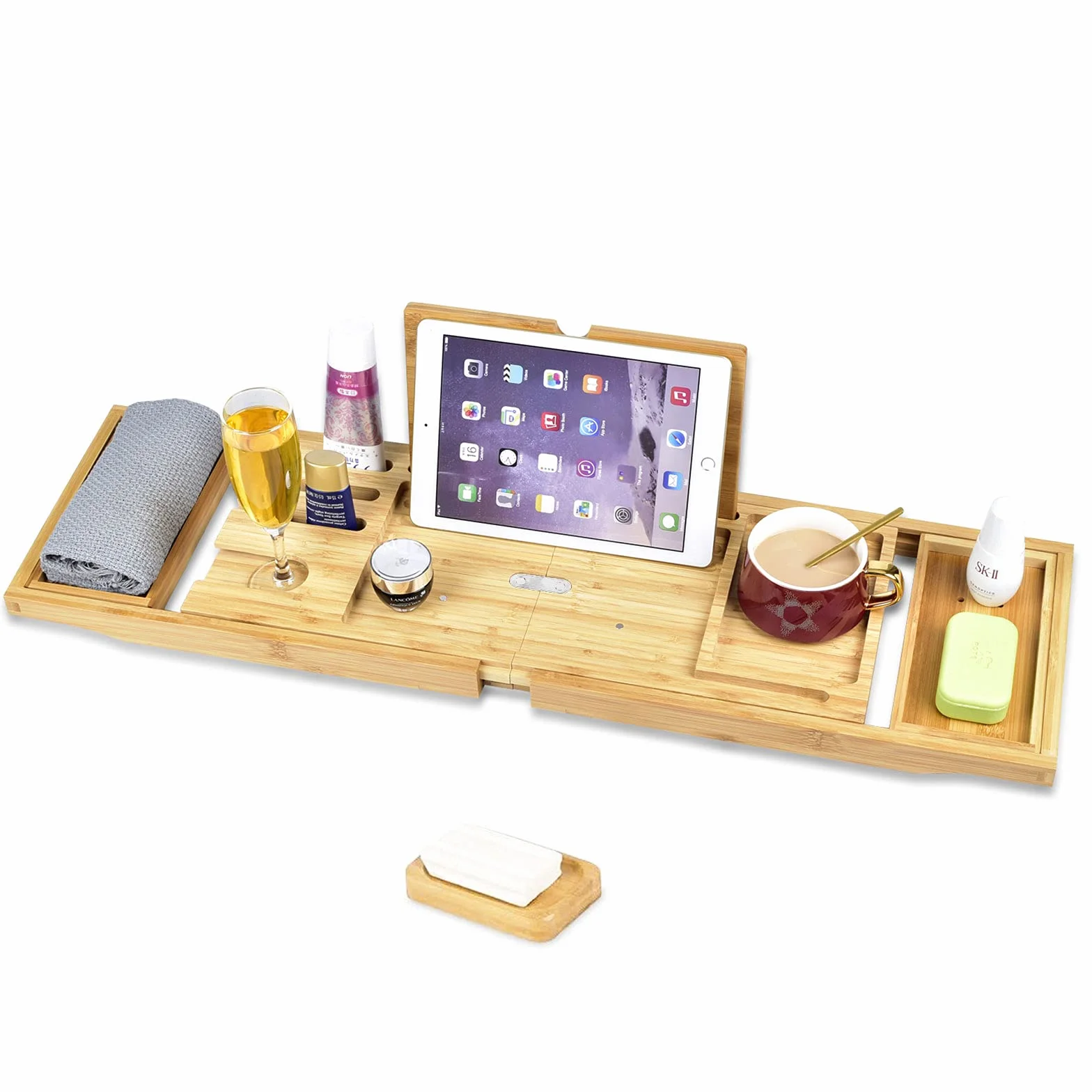 Bandeja de Baño de Madera para Bañera|Organizador Ajustable Extensible para bañera|Andeja de baño con Soporte para Copa de Vino|iPad|móvil y más|Bandeja de Baño Regalo Distintivo para Navidad