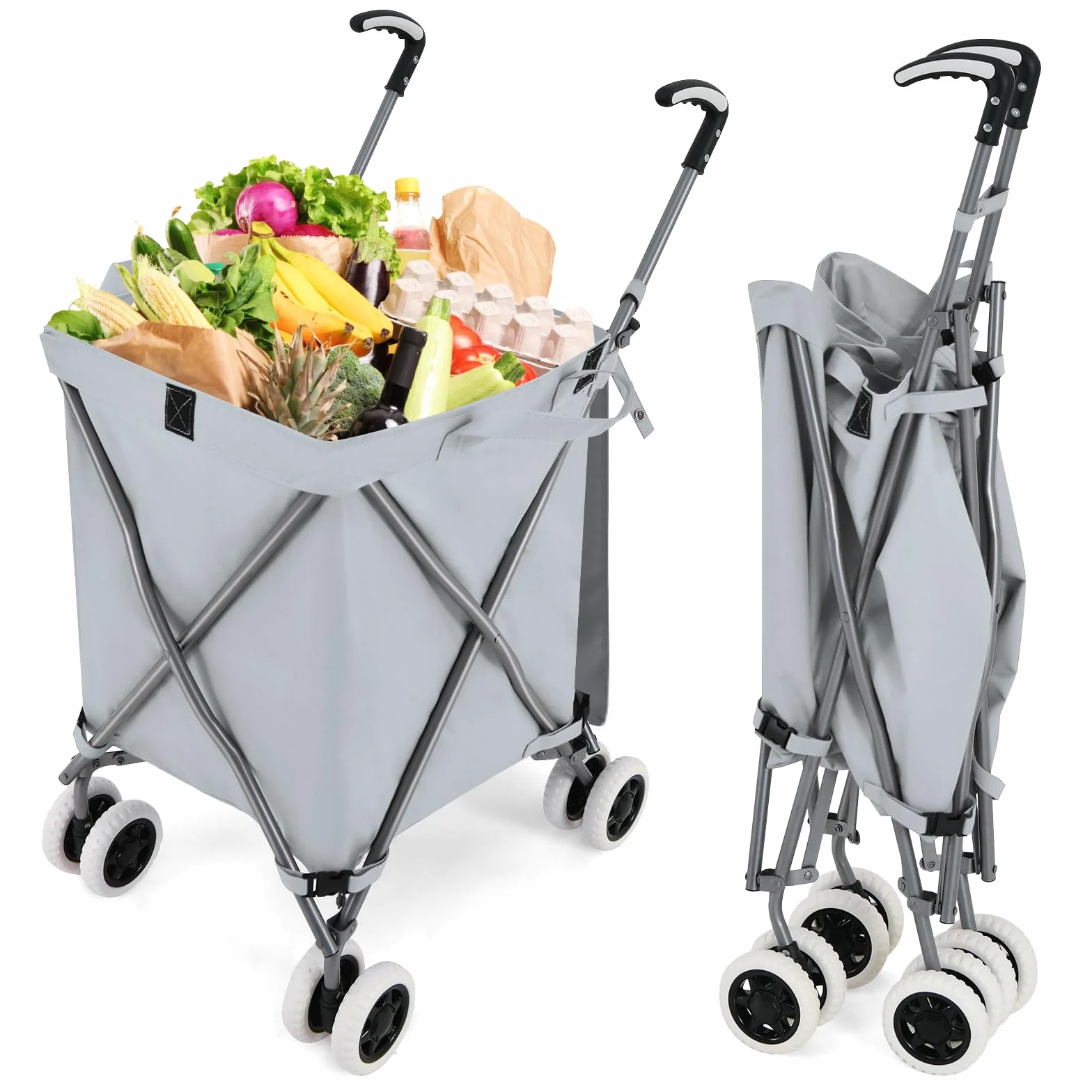 COSTWAY 90L Carro de Compras Plegable con 4 Ruedas y Bolsa de 600D Tela Oxford Extraíble, Carrito para Supermercado, Carga hasta 55 kg, Gris