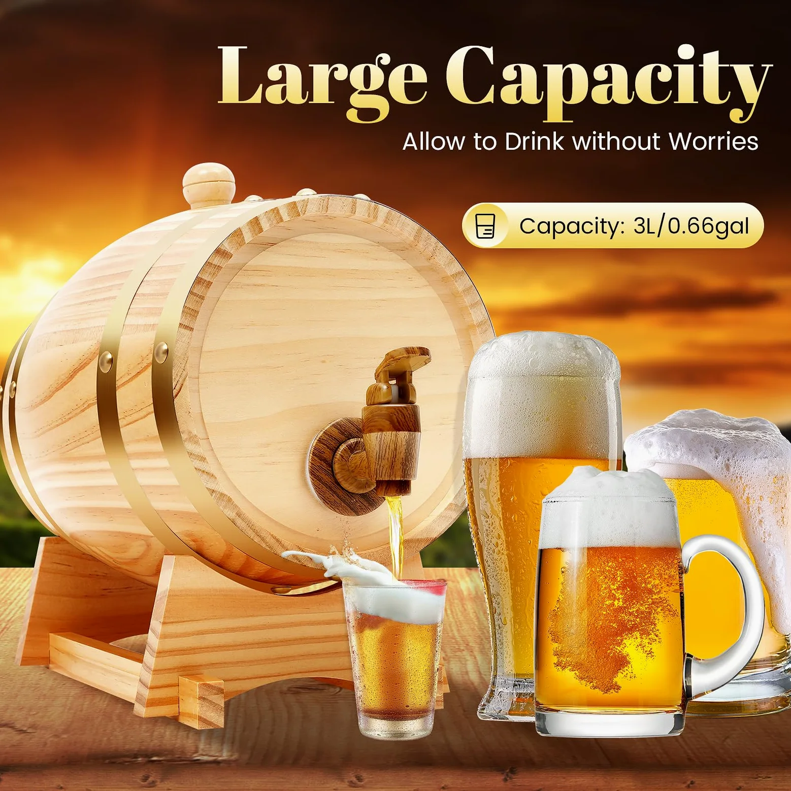 Barril de vino de madera de 3 litros con caballete y grifo, barril de whisky para almacenamiento de whisky, vino