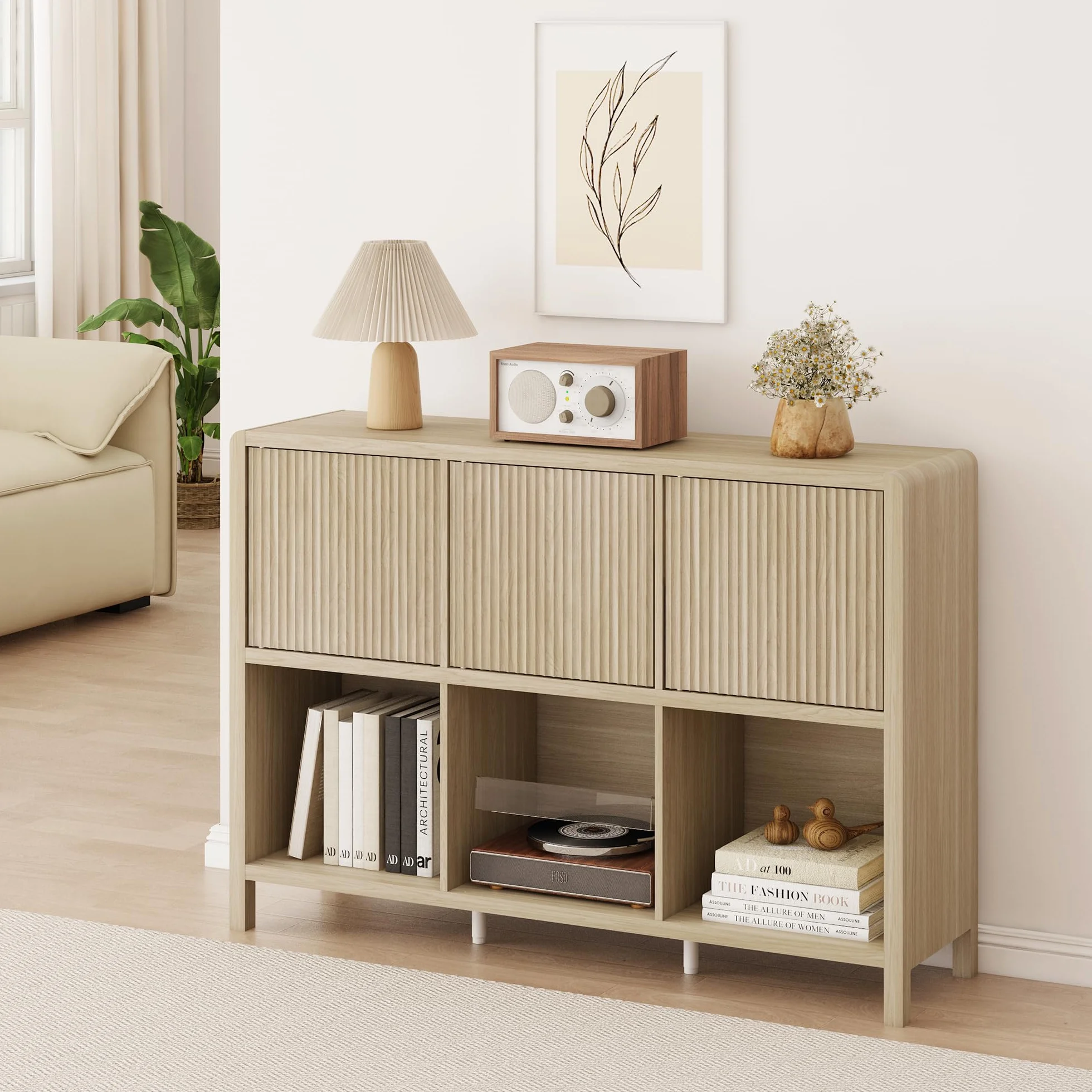 [en.casa] Aparador Bajo Lukkodso con 6 Compartimentos Mueble Auxiliar con 3 Puertas Variables Rectangular Armario Multiusos 77 x 110 x 30 cm - Efecto Roble