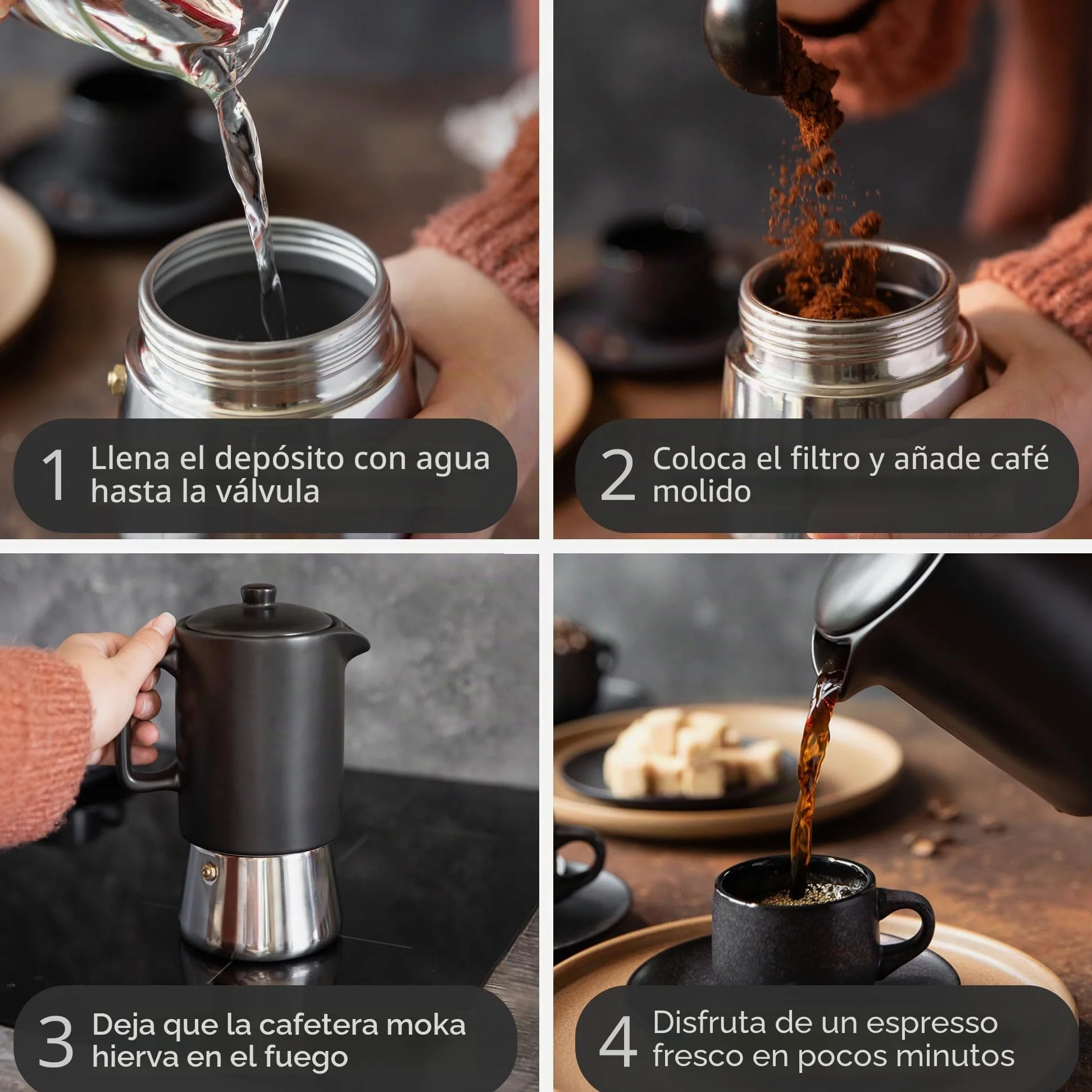 Steinzeit Cafetera espresso de diseño de cerámica (300 ml) – Cafetera de inducción apta para todo tipo de fuegos – Cafetera moka con base de acero inoxidable y jarra de cerámica