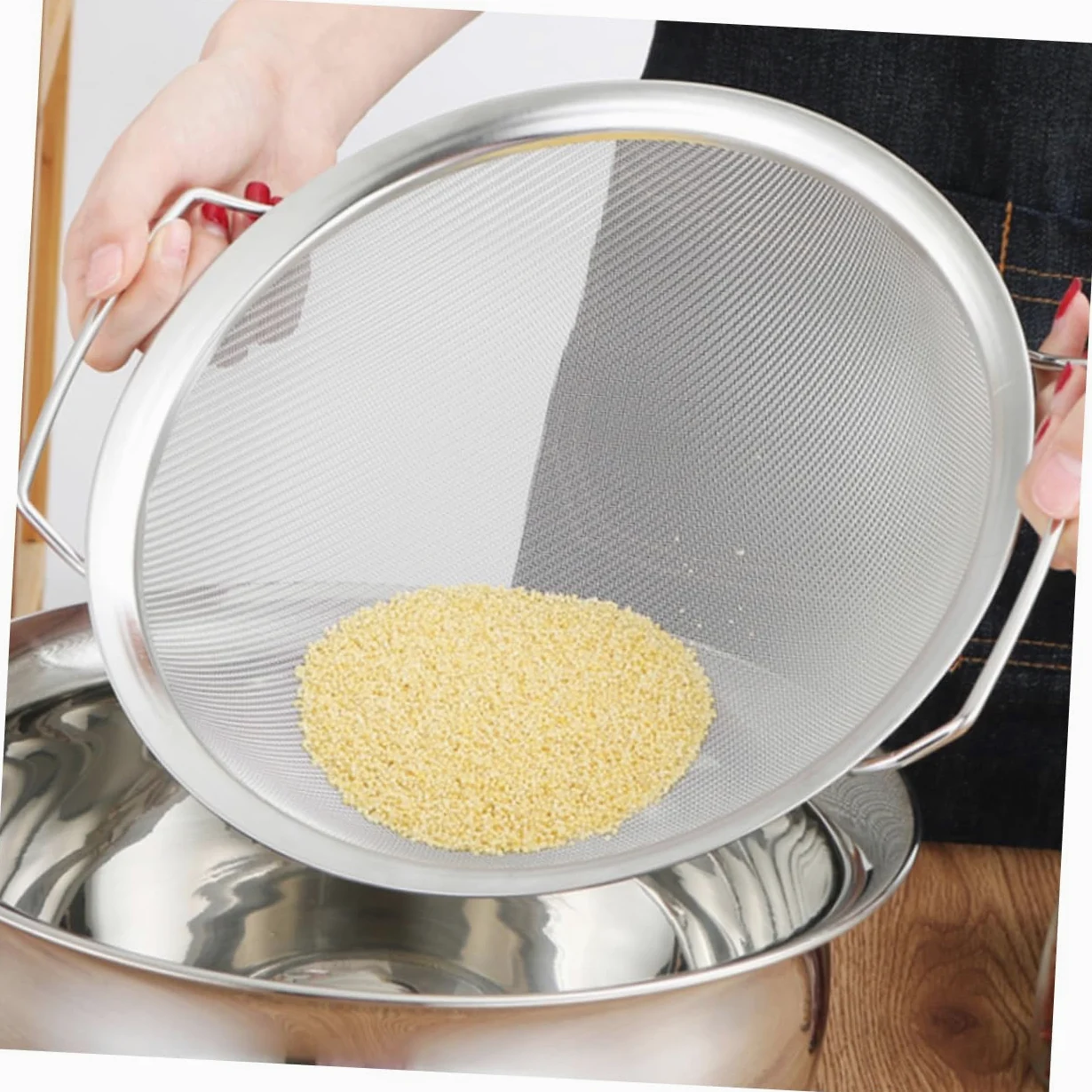 Colador Adecuado para Enjuagar y Escurrir Alimentos para Arroz y Verduras de Malla de Acero Inoxidable Cesta Resistente Doble Drenaje para Cocina y Hogar