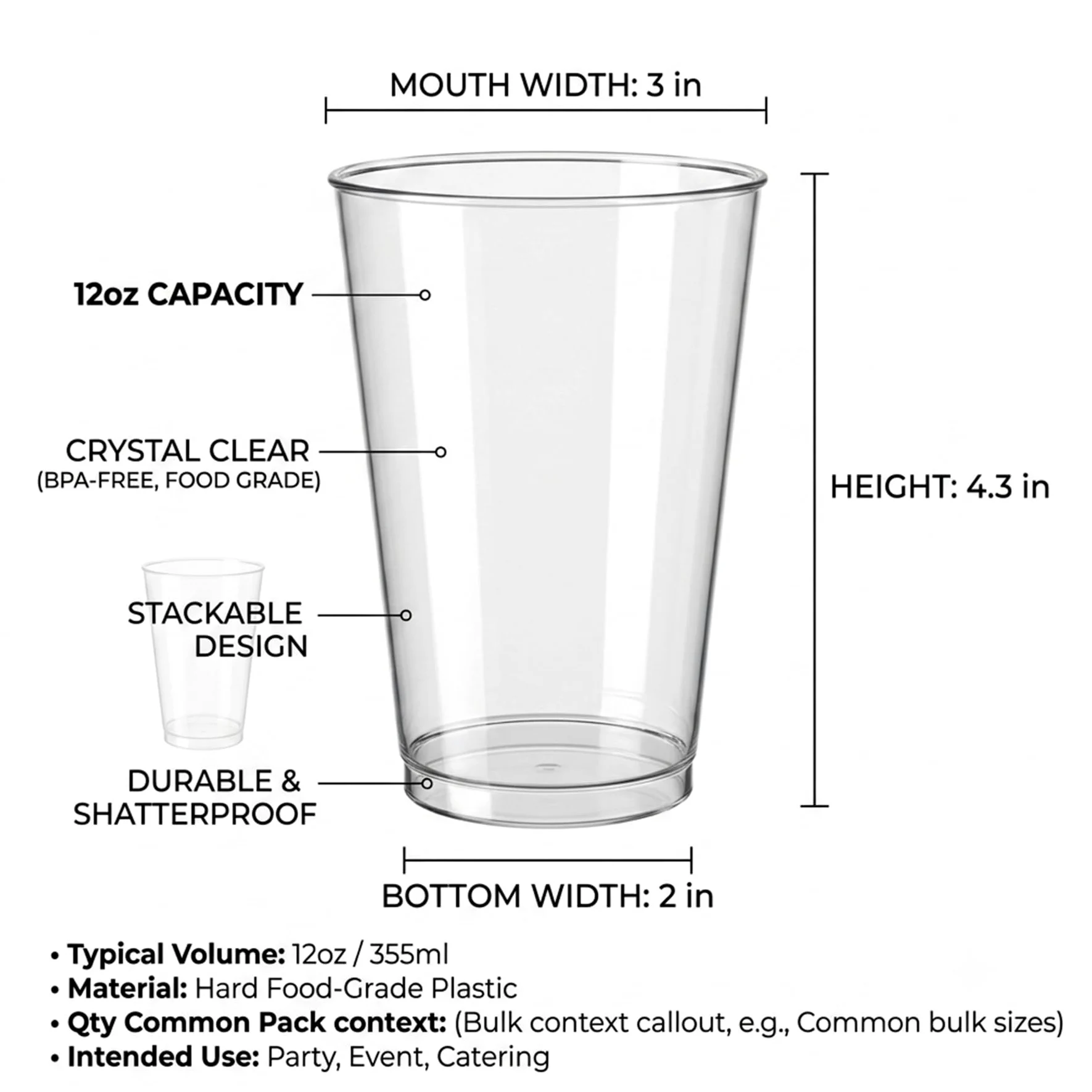 Byvivace Vasos de plástico duro, vasos desechables para fiestas, 340 ml, transparentes, elegantes, vasos de boda, copas de vino desechables para fiestas, 100 unidades