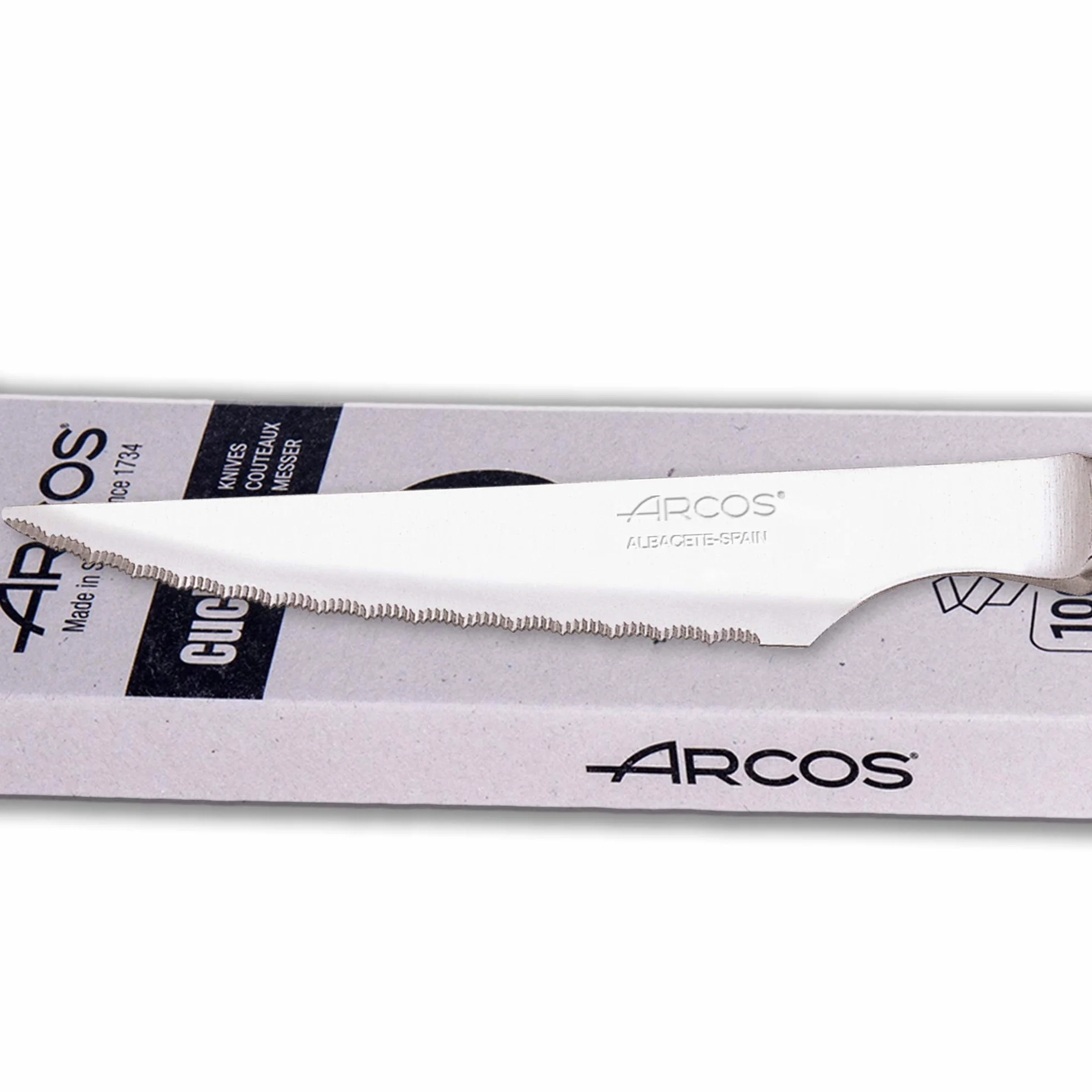 Arcos Juego Cuchillos Carne | 6 Piezas | Cuchillos carne cuchillo chuleteros | cubiertos acero inoxidable | Hoja 110 mm | mango monobloque | aptos lavavajillas | Caja Envase Ecológico