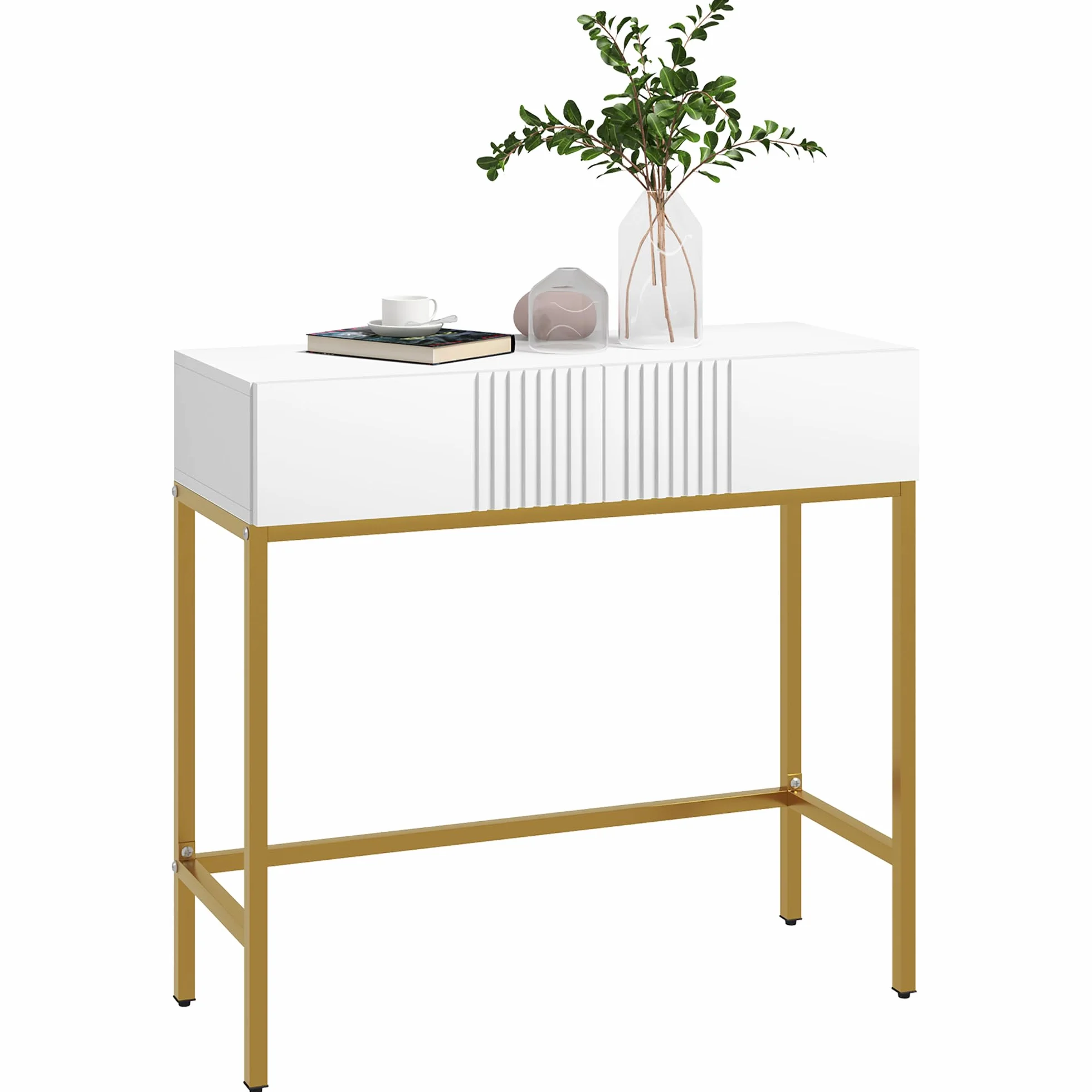 HOMCOM Mesa Consola Moderna Mesa de Entrada con 2 Cajones y Patas de Acero Dorada Antivuelco Mueble de Recibidor para Salón Pasillo 80x31,5x75 cm Blanco