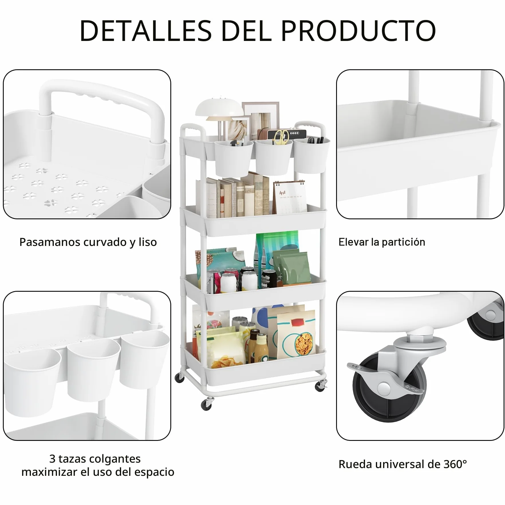 JIUYOTREE Carrito de Almacenamiento de plástico de 4 Niveles con Asas para Colgar adicionales, Ruedas bloqueables para Sala de Estar, baño, Cocina, Oficina, Color Blanco