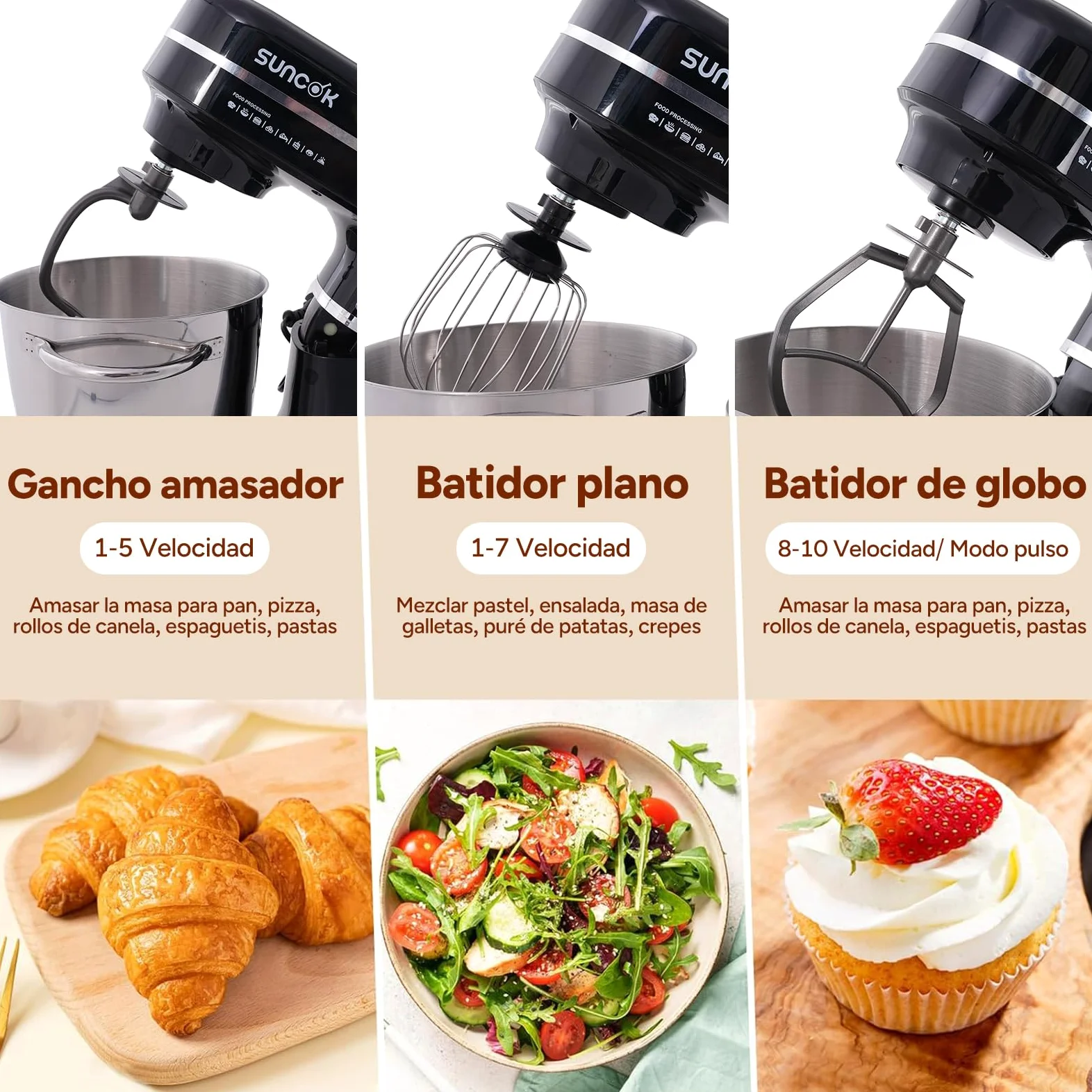 Batidora Amasadora 1500W, 2 Cubetas de Acero Inoxidable (4,5L/5,5L), 12 Velocidades, Fermentación/Calentamiento, Báscula, Temporizador, Bajo Ruido, 3 Accesorios de Mezcla (B03B, B03B-negro)