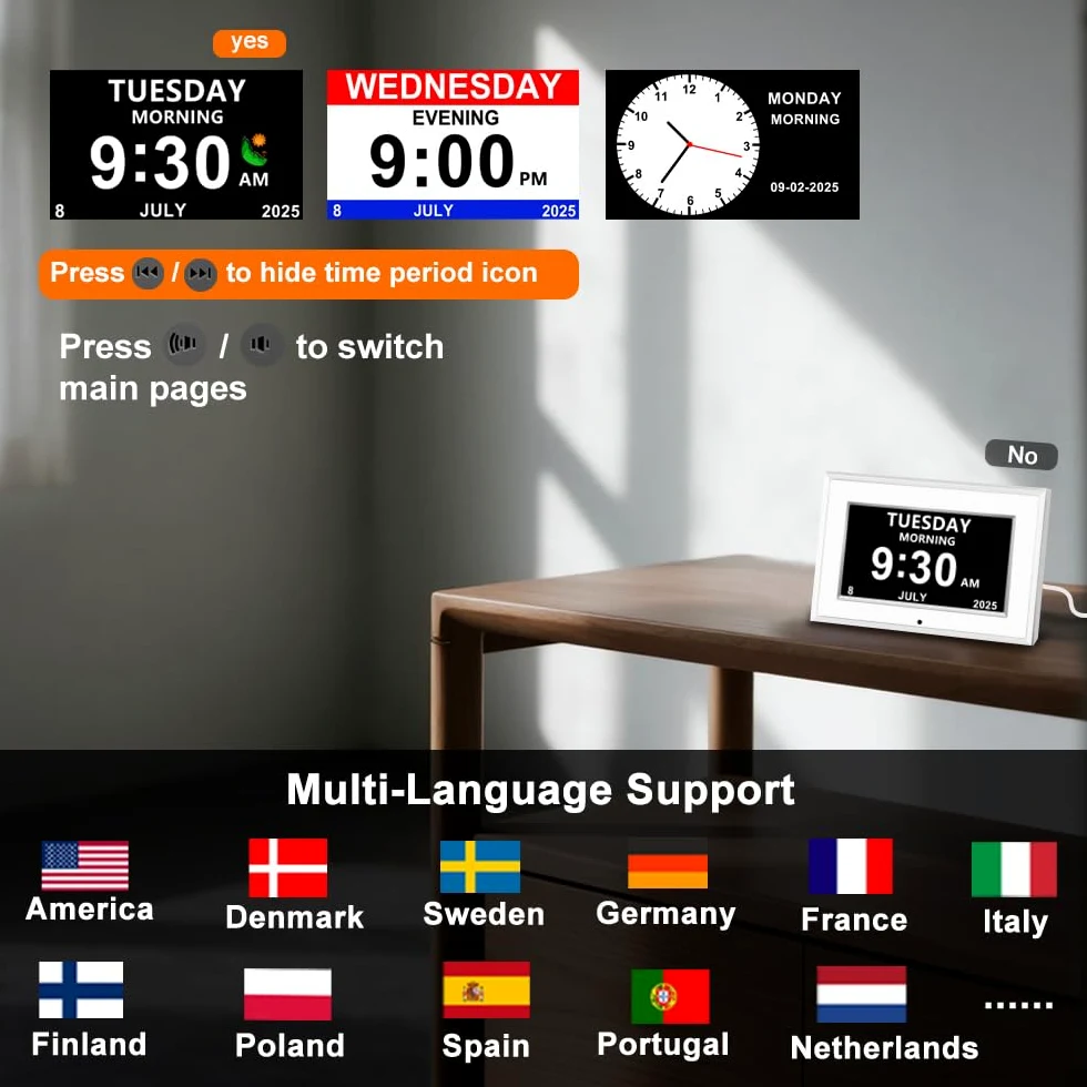 Reloj despertador digital para personas mayores, pantalla HD sin abreviatura, atenuación automática, marco de fotos, ajuste DST de ruido blanco, para ancianos (7 pulgadas, blanco)