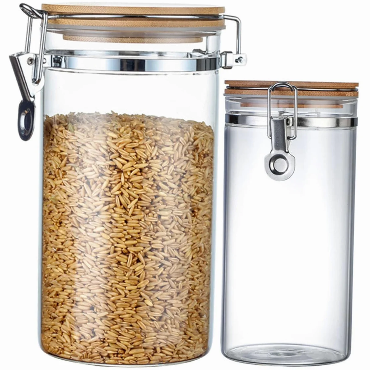 POPETPOP Tarros Herméticos para Almacenamiento de Harina y Alimentos de Vidrio y Acero Inoxidable Tapa de Madera Set de 2 Diseño Claro y Estructura Estable en Cocina