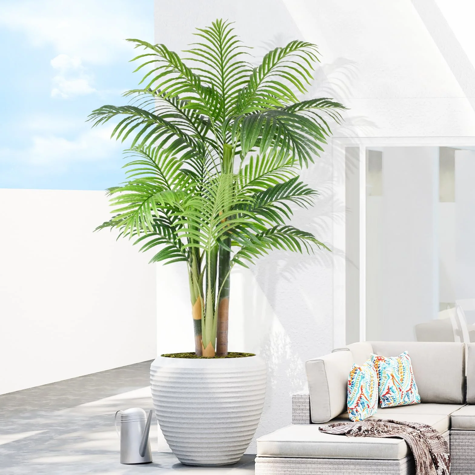 Palmera Artificial Triple Dorado 150cm, Planta Artificial Exterior Grande, arbol Artificial Interior o Exterior Alta para Patio Junto a la Piscina Césped Oficina Salón Balcón Jardín (1Pack)