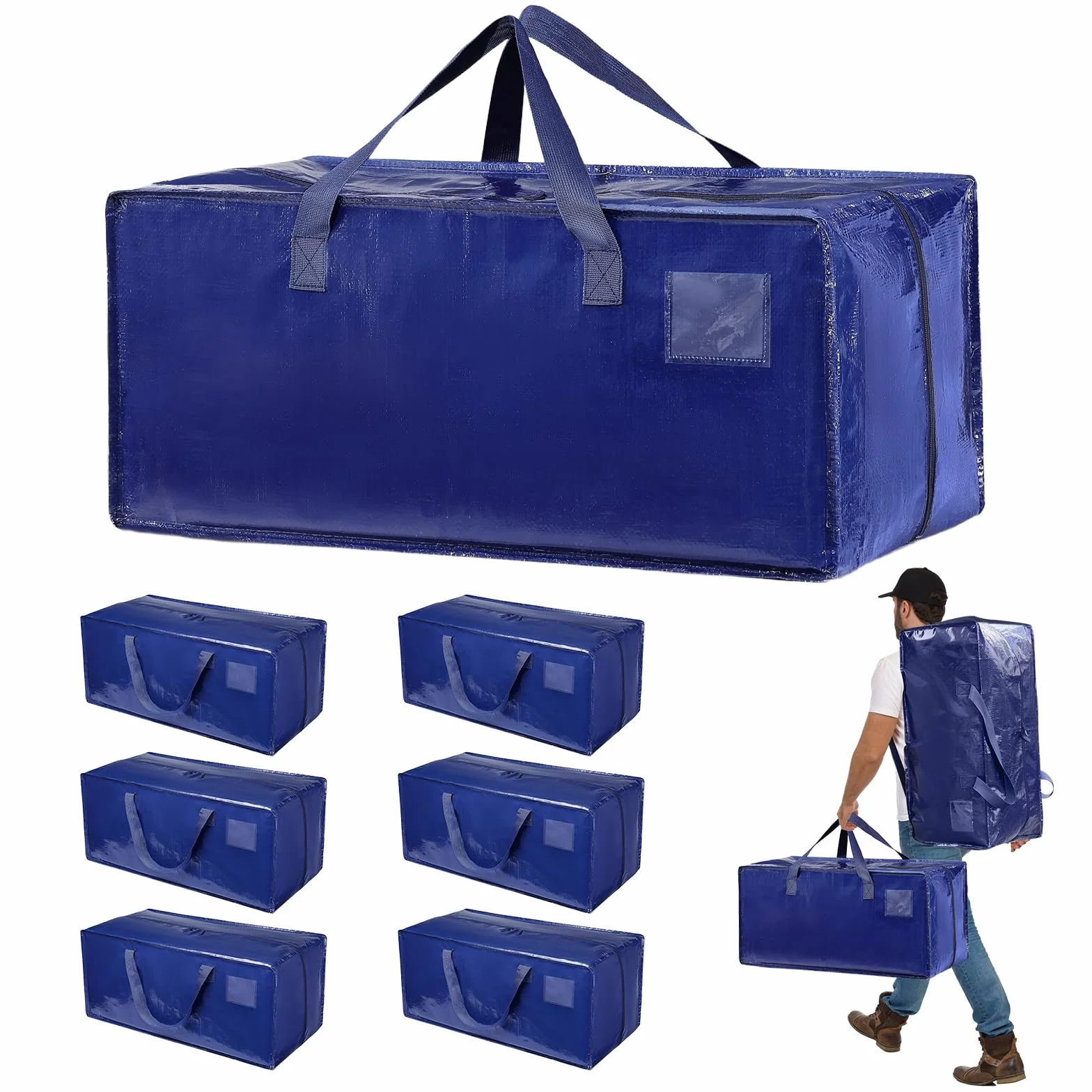 Pack de 6 Grande Bolsa de Almacenamiento de Poliéster, Impermeable Bolsas de Mudanza con Cremallera y Asa, Cajas de Mudanza de Gran Capacidad para Ahorrar Espacio y Embalar, Azul