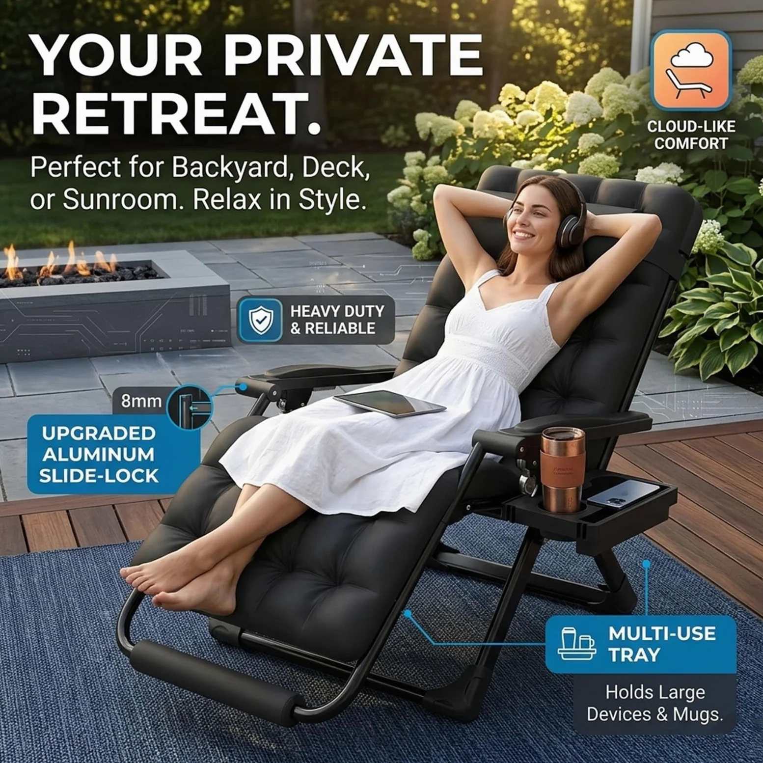 Silla Gravedad Cero XXL 33 Pulgadas Sillón Relax con Cojín 10cm Suave Todo Clima Camastro Plegable 226kg para Terraza Jardín Dormitorio y Descanso