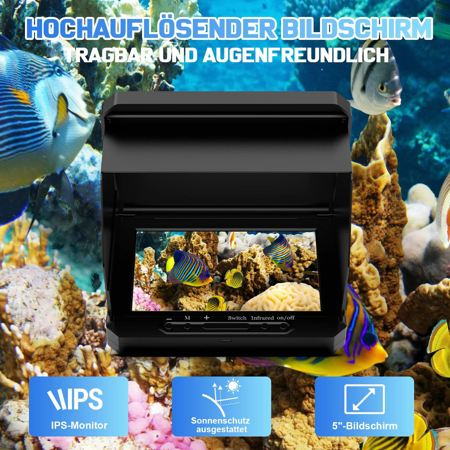 Cámara de pesca submarina 1080P 5 pulgadas IP68 6000 mAh 220° gran angular 20 m cable 17 LED IR