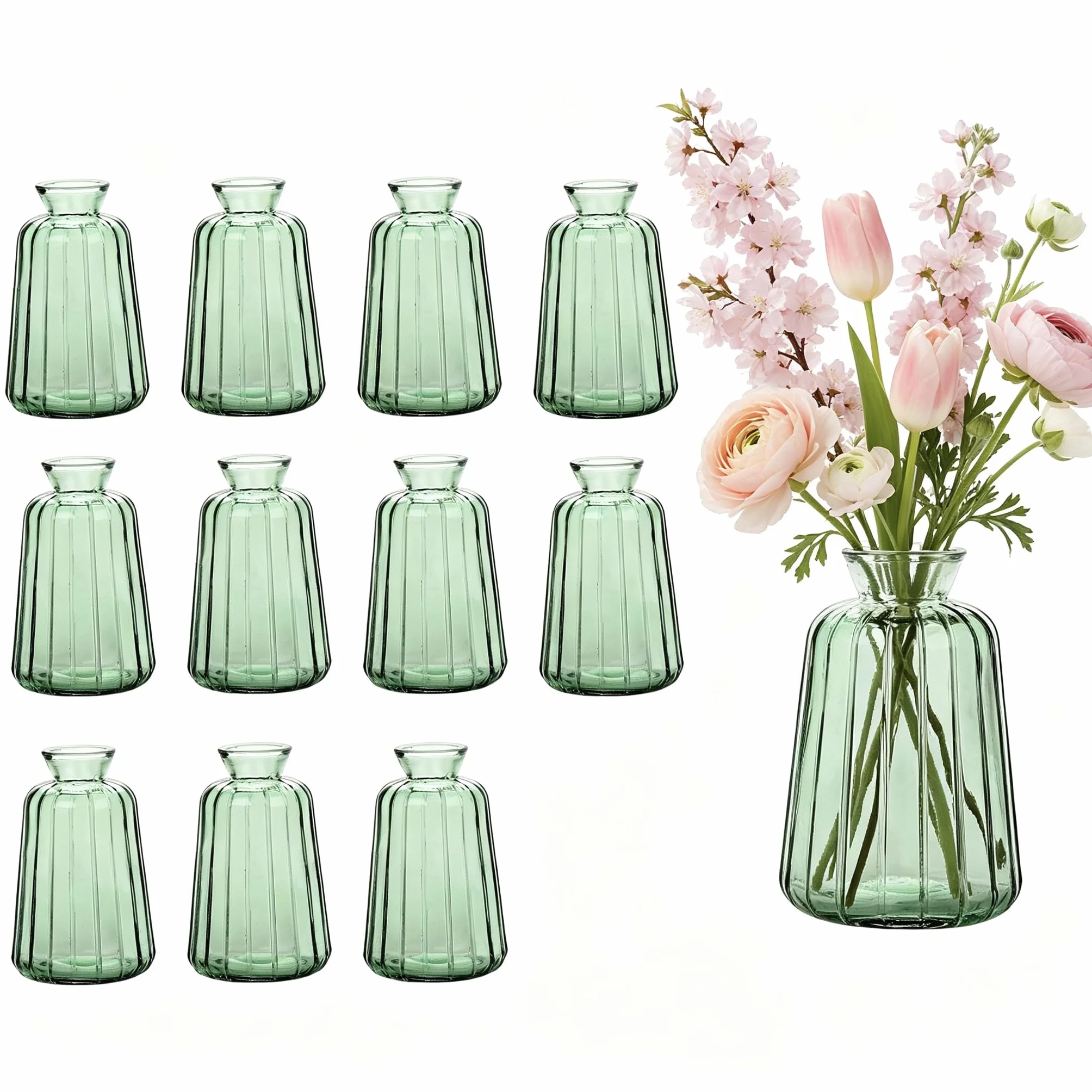 Juego de 12 jarrones pequeños de Cristal para decoración de Mesa de Boda, Estilo Vintage, Mini jarrones de Cristal para decoración de Mesa, Color Verde