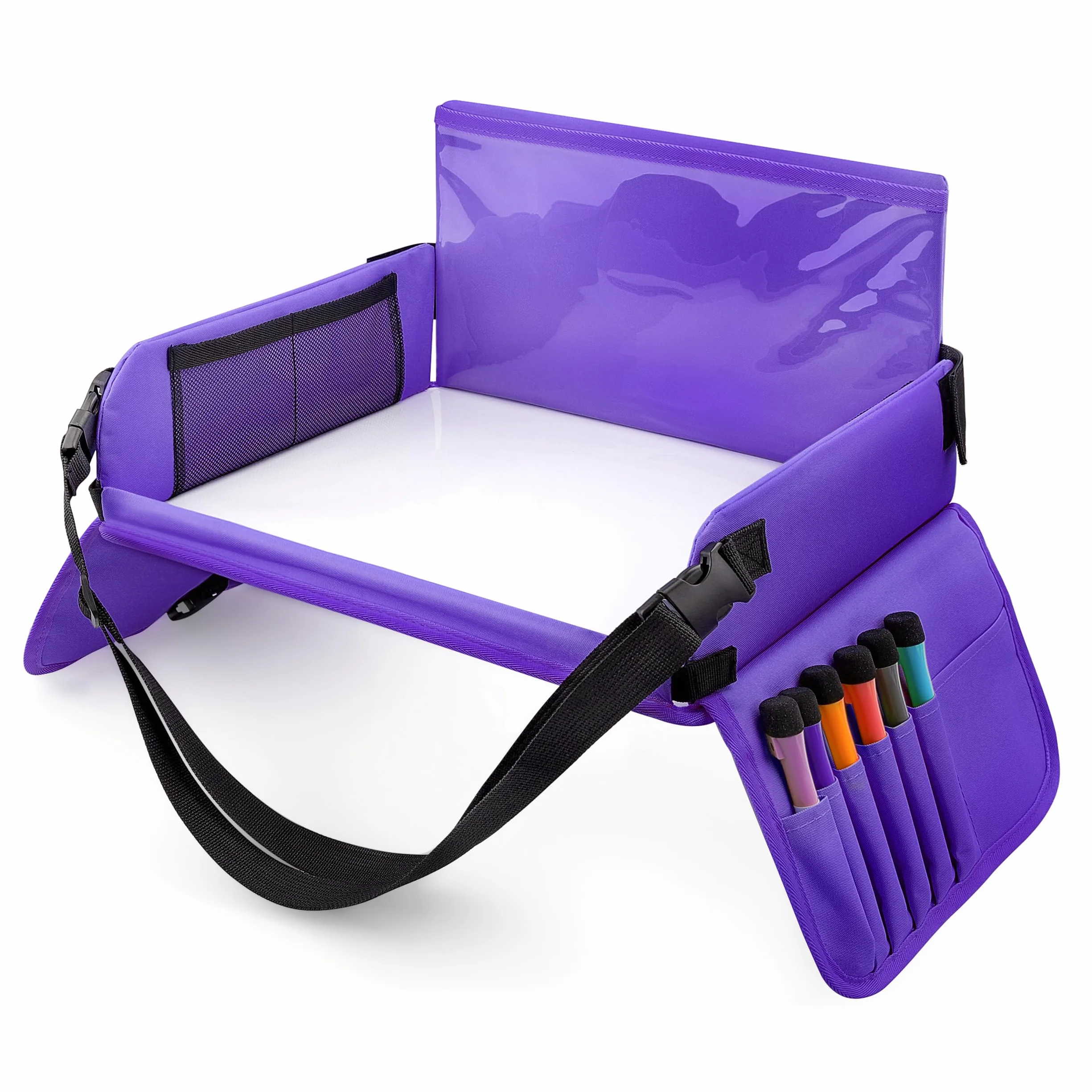 Mesa Coche para Niños,Doble Uso Bandeja Coche para Niños+Organizadores para Coche-6 Plumas Bandejas Coche para Coche, Cochecito de Bebé, Avión (Púrpura)