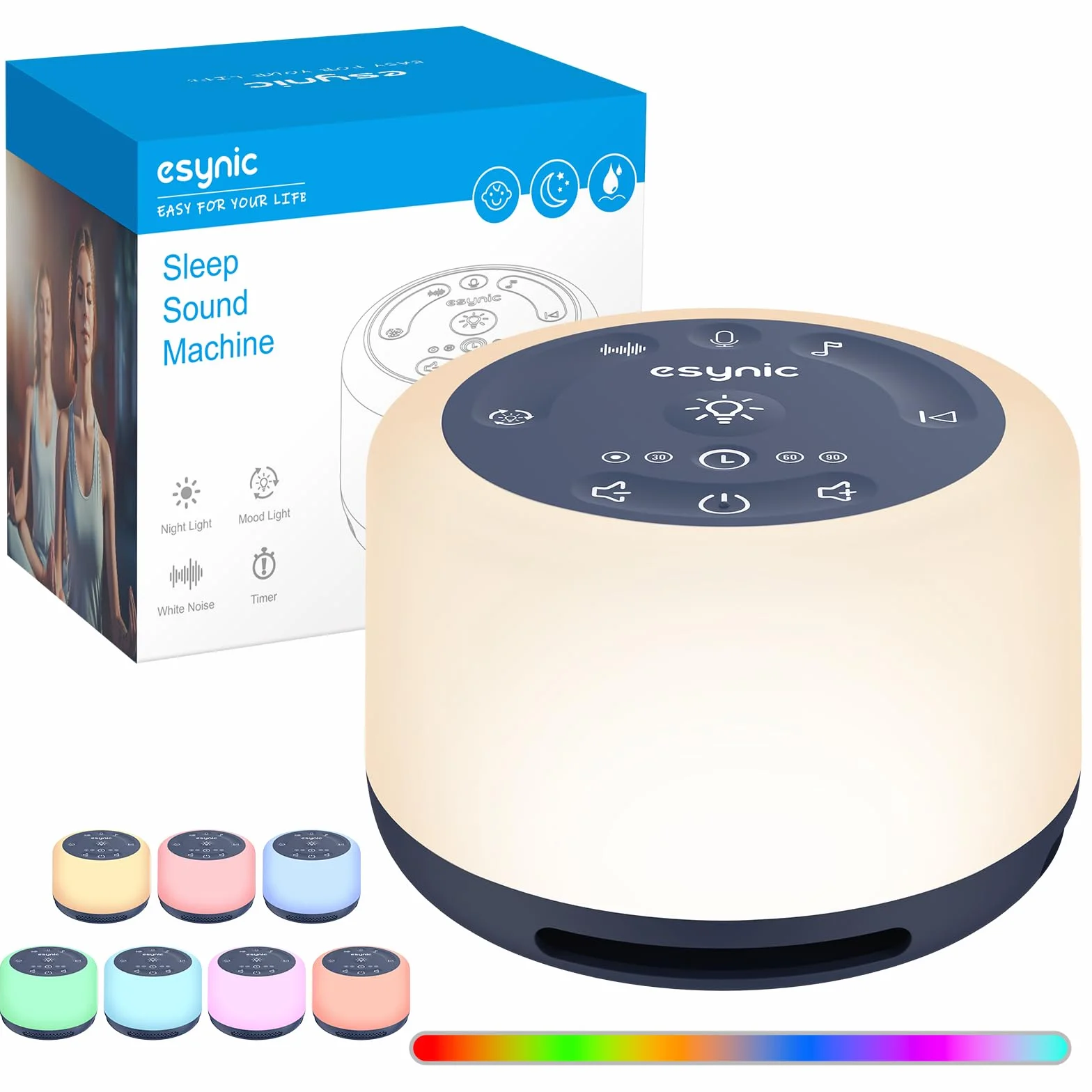 eSynic Máquina de Ruido Blanco Portátil para Dormir Bebé 30 Sonidos Relajantes Luz Nocturna Temporizador Batería