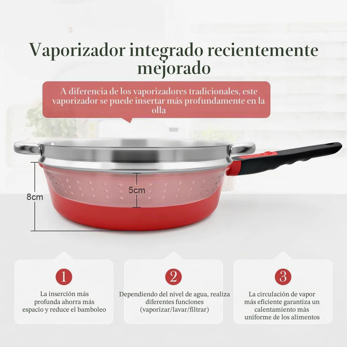Sartén de 28 cm, juego de 4 piezas Sartén antiadherente (sartén con tapa, cesta vaporera/colador, espátula de silicona), con mango extraíble, apta para horno (Rojo-negro) | Mango desmontable, apto para todas las estufas, incluyendo inducción, sin PTFE, PF