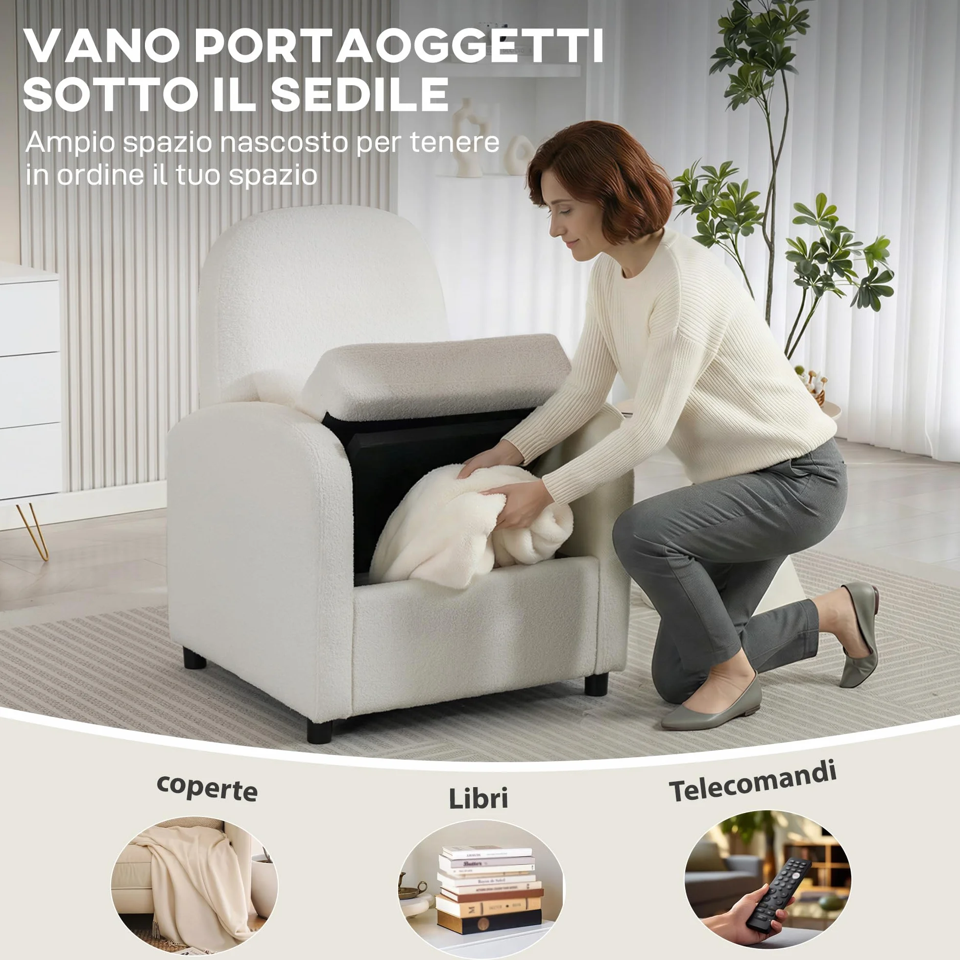 HOMCOM Sillón de salón acolchado con almacenamiento oculto, respaldo alto, sillón moderno con reposabrazos, cojín lumbar y asiento ancho, de terciopelo de peluche, para dormitorio y salón, color crema