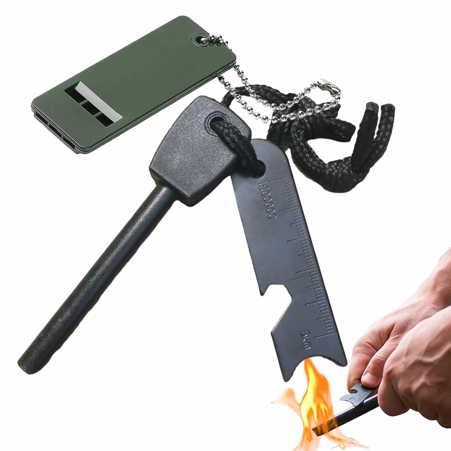 Pedernal Fuego Encendedor Ferrocerio Yesca Supervivencia Magnesio Mechero Arrancador de Piedra Lighter 20000 Chispas Silbato Raspador Camping Senderismo