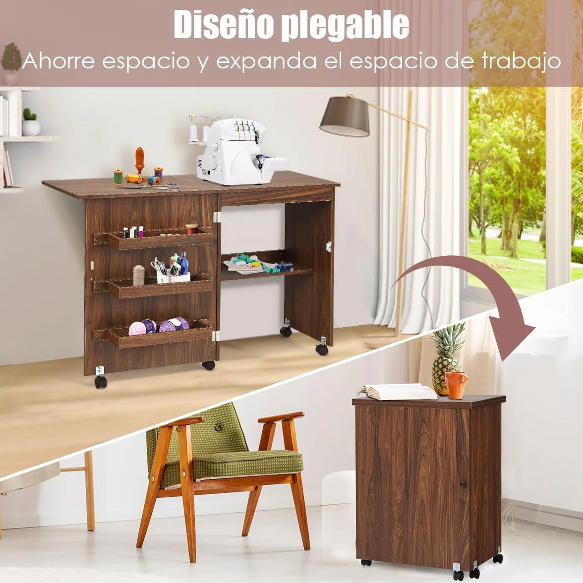 GOPLUS Mueble para Máquina de Coser, Mesa Plegable de Costura con 5 Ruedas y 4 Estantes, Armario Organizador de Costura y Manualidades, Escritorio de Costura para Hogar, Estudio (Marrón Oscuro)