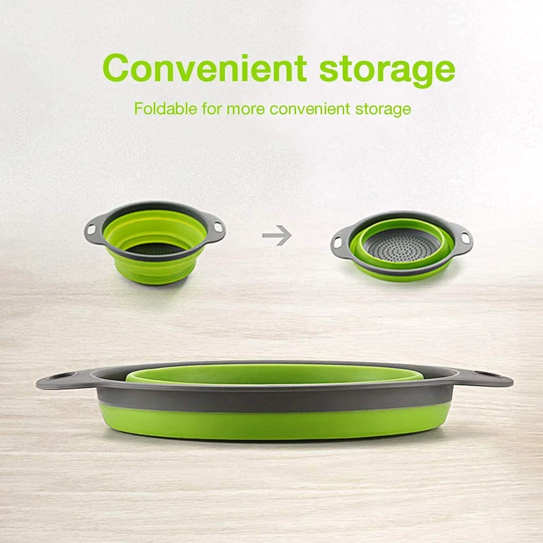 Juego de 2 coladores plegables redondos de silicona para fregadero de cocina y cesta de frutas, 1 grande y 1 pequeño, perfecto para escurrir pasta, verduras y frutas, artículos esenciales para el