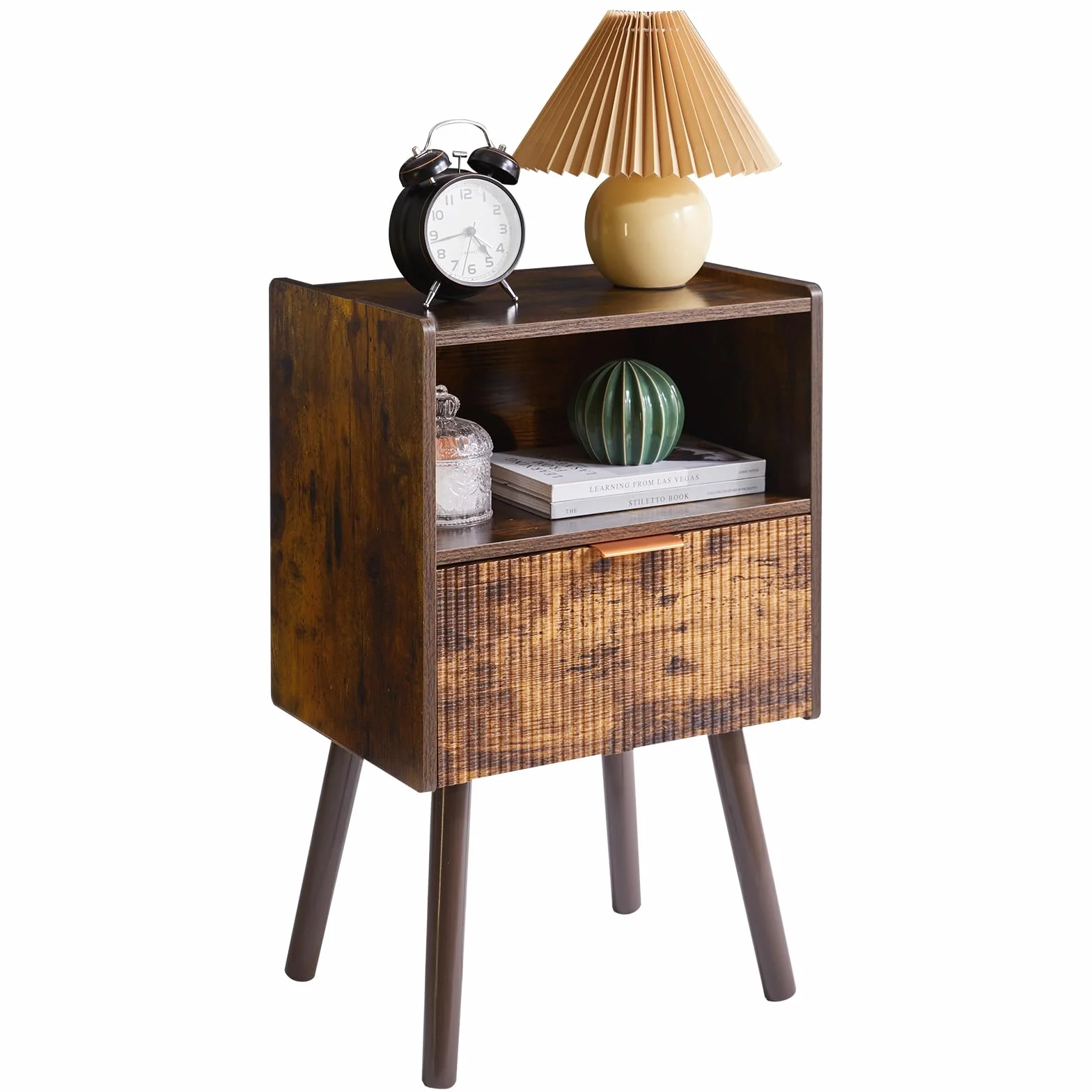 Aibiju Mesita de Noche Moderna con Cajón, Mesa Auxiliar Pequeña para Dormitorio, Mesita de Noche de Mediados de Siglo con Estante Abierto, Marrón Rústico YD-TM061H1